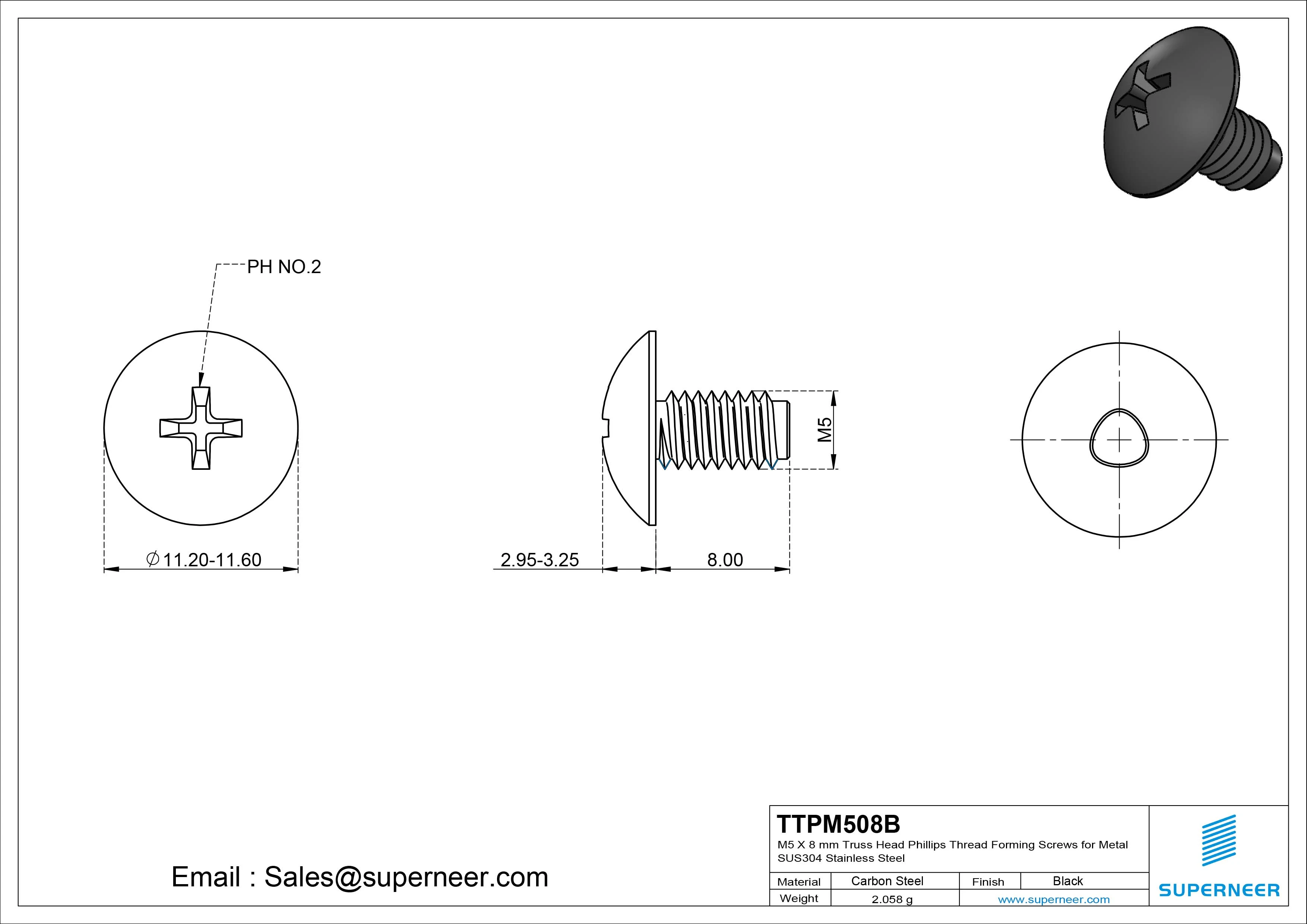 M5 × 8mm Truss Head Phillips Thread Forming Screws for Metal Steel Black