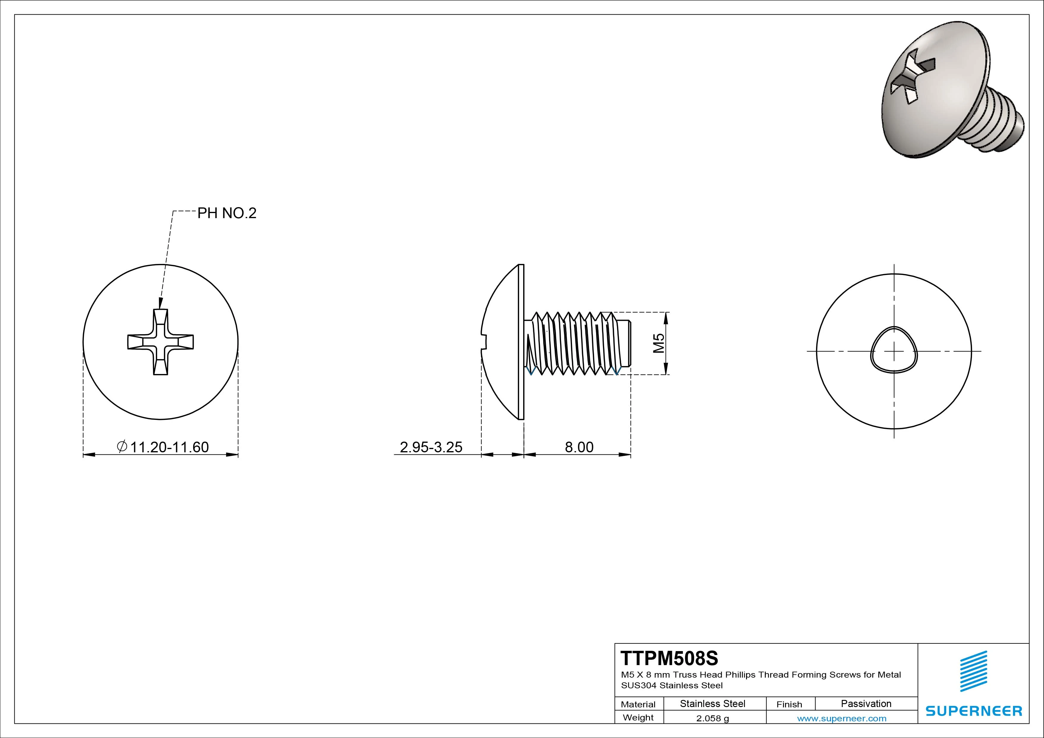 M5 × 8mm Truss Head Phillips Thread Forming Screws for Metal SUS304 Stainless Steel Inox