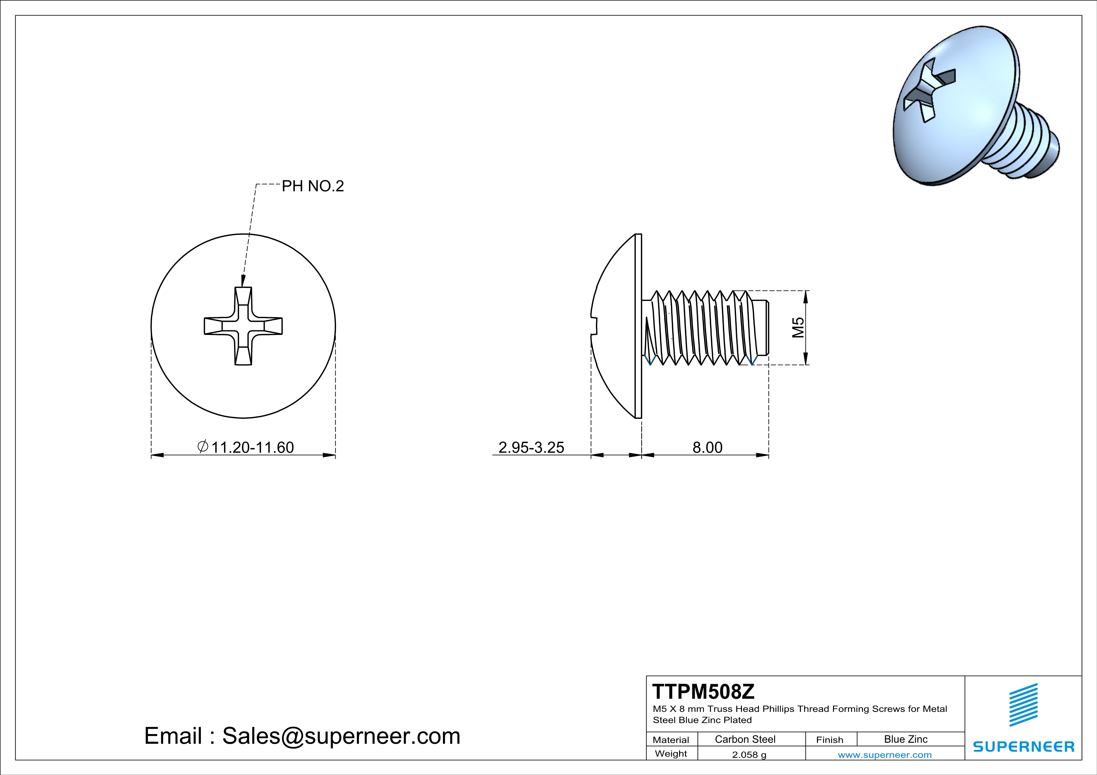 M5 × 8mm Truss Head Phillips Thread Forming Screws for Metal Steel Blue Zinc Plated