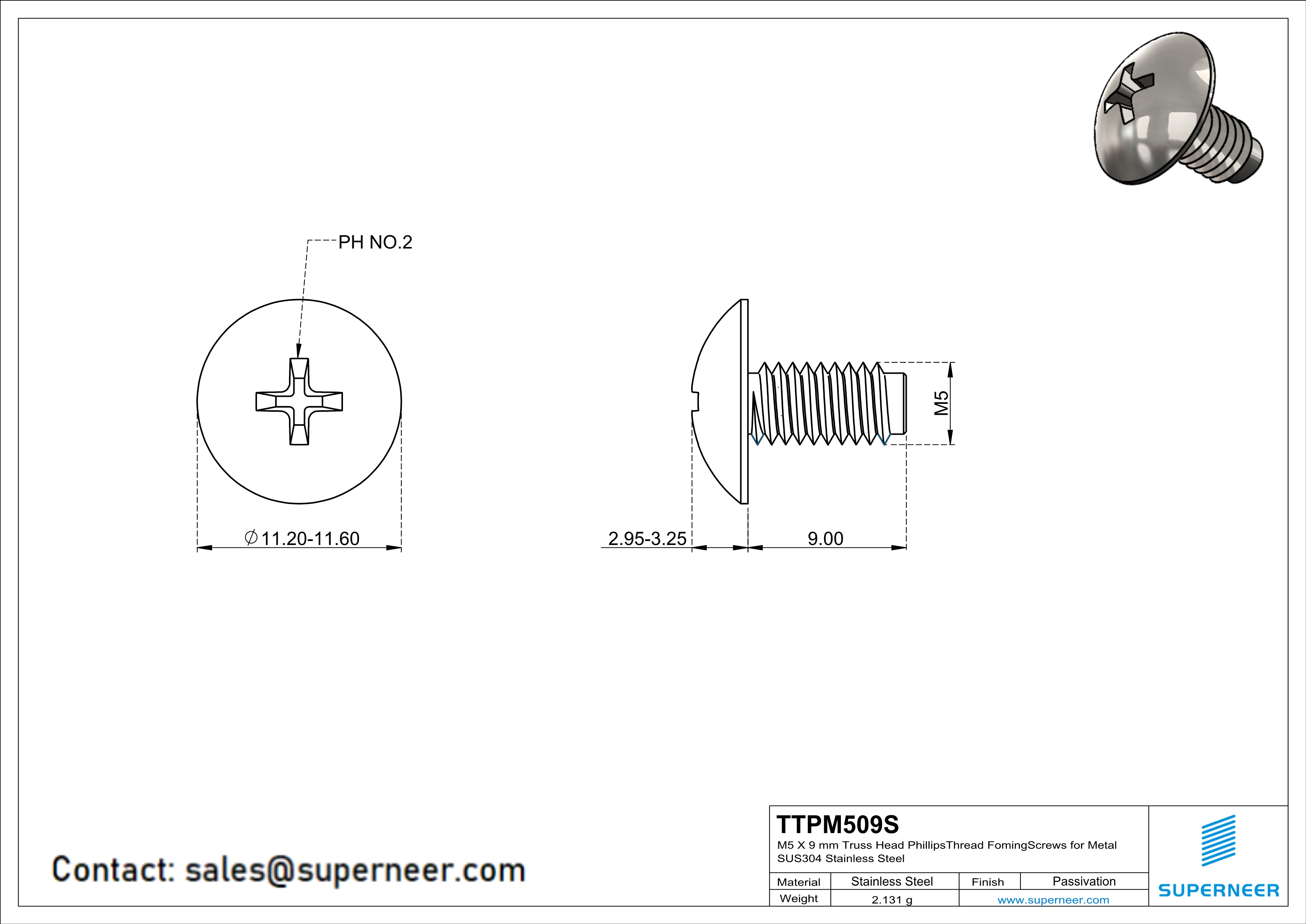 M5 × 9mm Truss Head Phillips Thread Forming Screws for Metal SUS304 Stainless Steel Inox