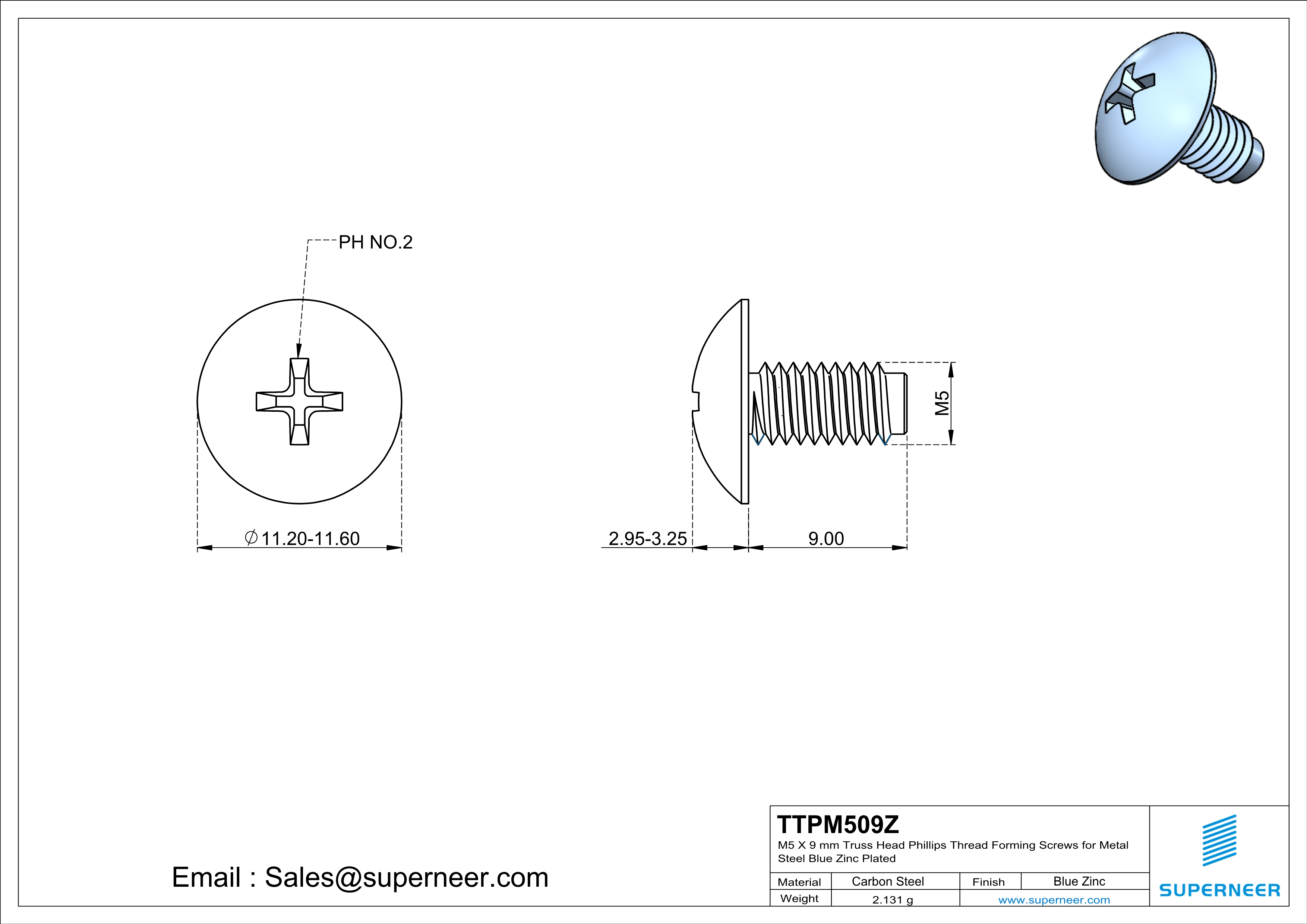 M5 × 9mm Truss Head Phillips Thread Forming Screws for Metal Steel Blue Zinc Plated