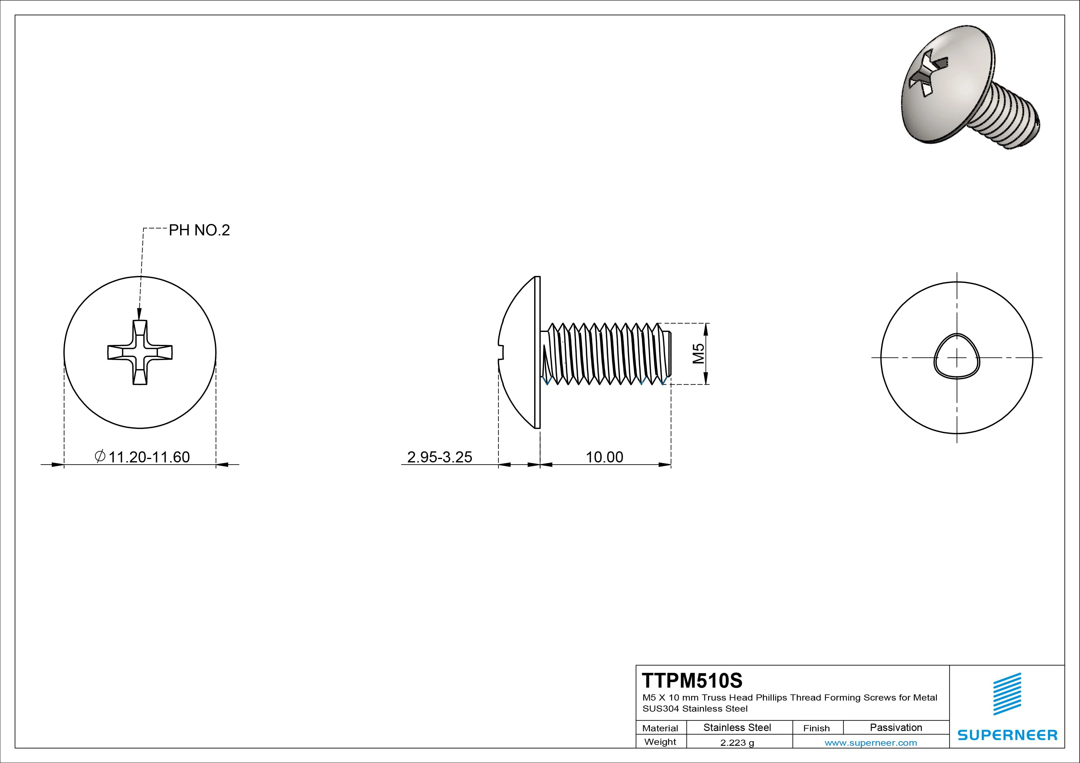 M5 × 10mm Truss Head Phillips Thread Forming Screws for Metal SUS304 Stainless Steel Inox