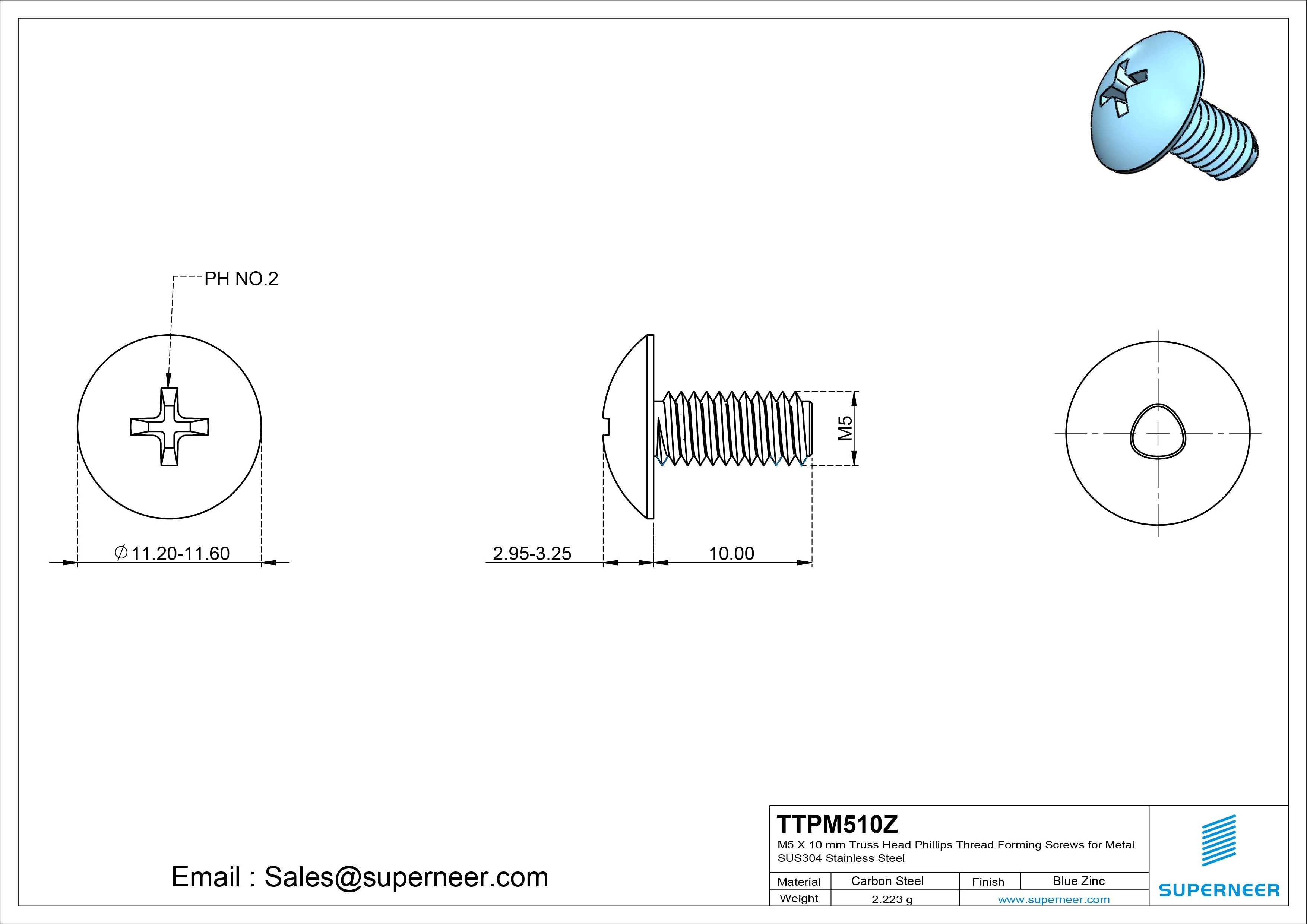 M5 × 10mm Truss Head Phillips Thread Forming Screws for Metal Steel Blue Zinc Plated