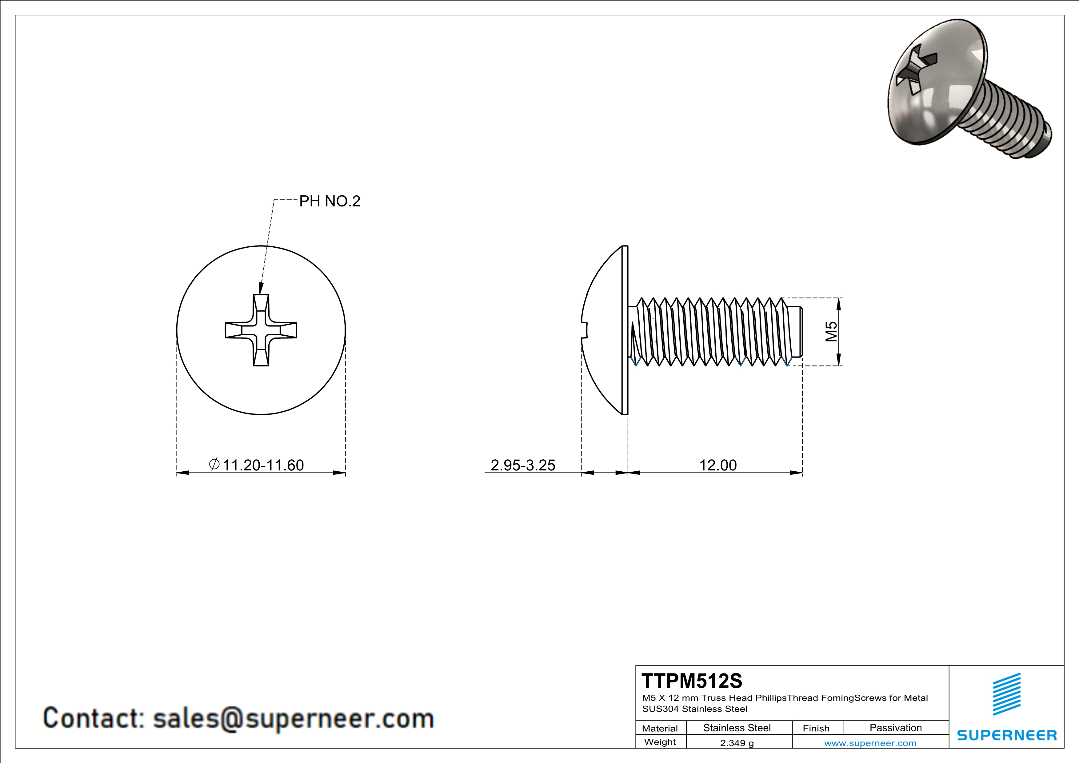 M5 × 12mm Truss Head Phillips Thread Forming Screws for Metal SUS304 Stainless Steel Inox