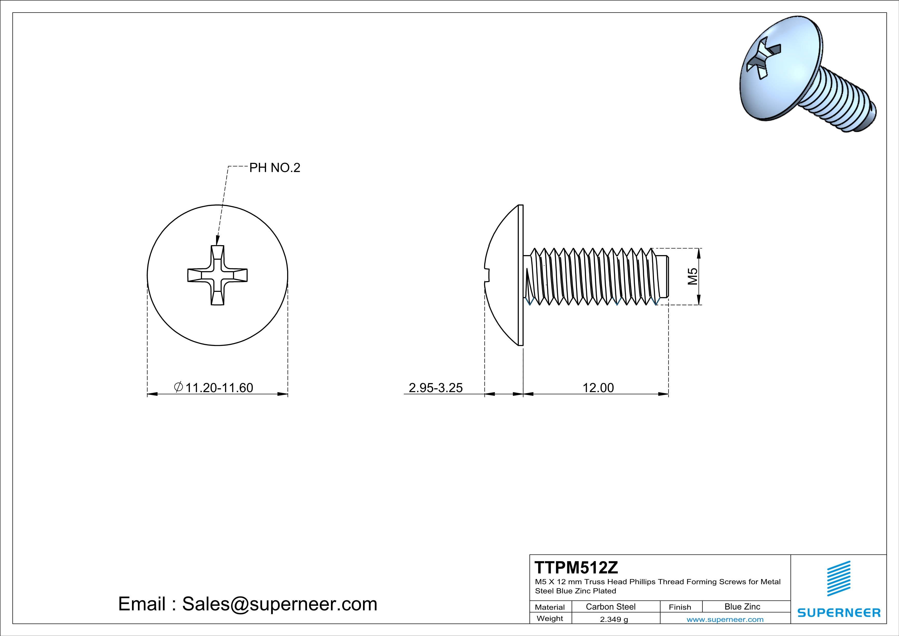 M5 × 12mm Truss Head Phillips Thread Forming Screws for Metal Steel Blue Zinc Plated