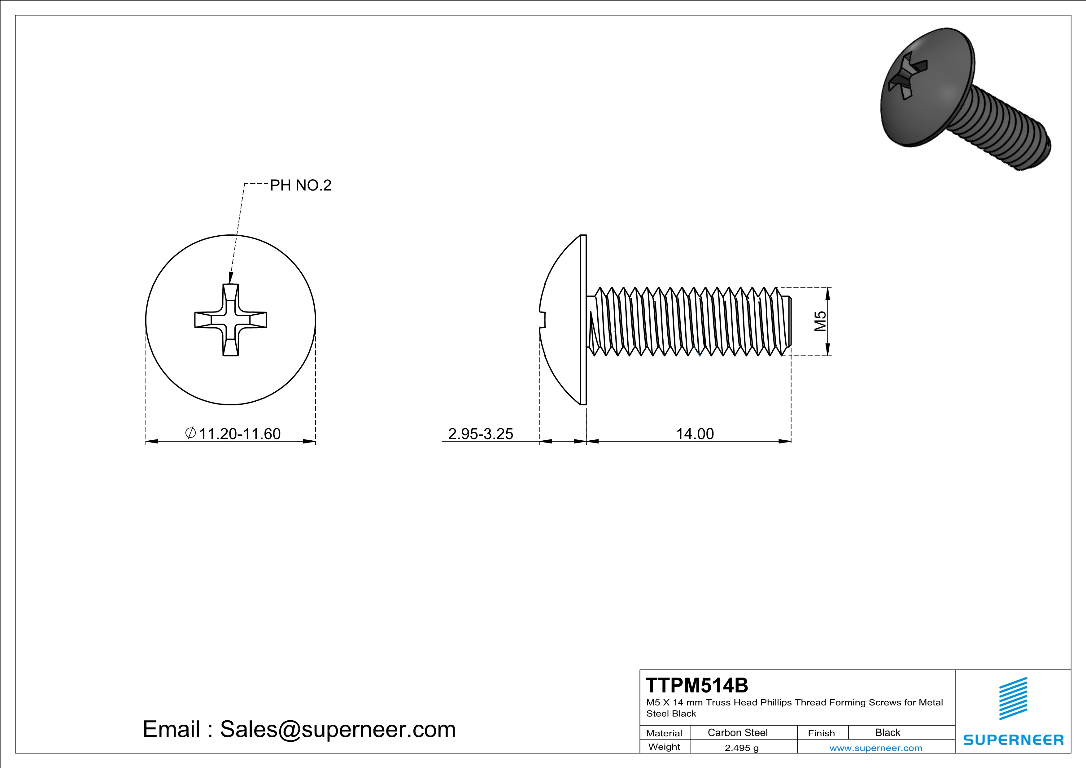 M5 × 14mm Truss Head Phillips Thread Forming Screws for Metal Steel Black