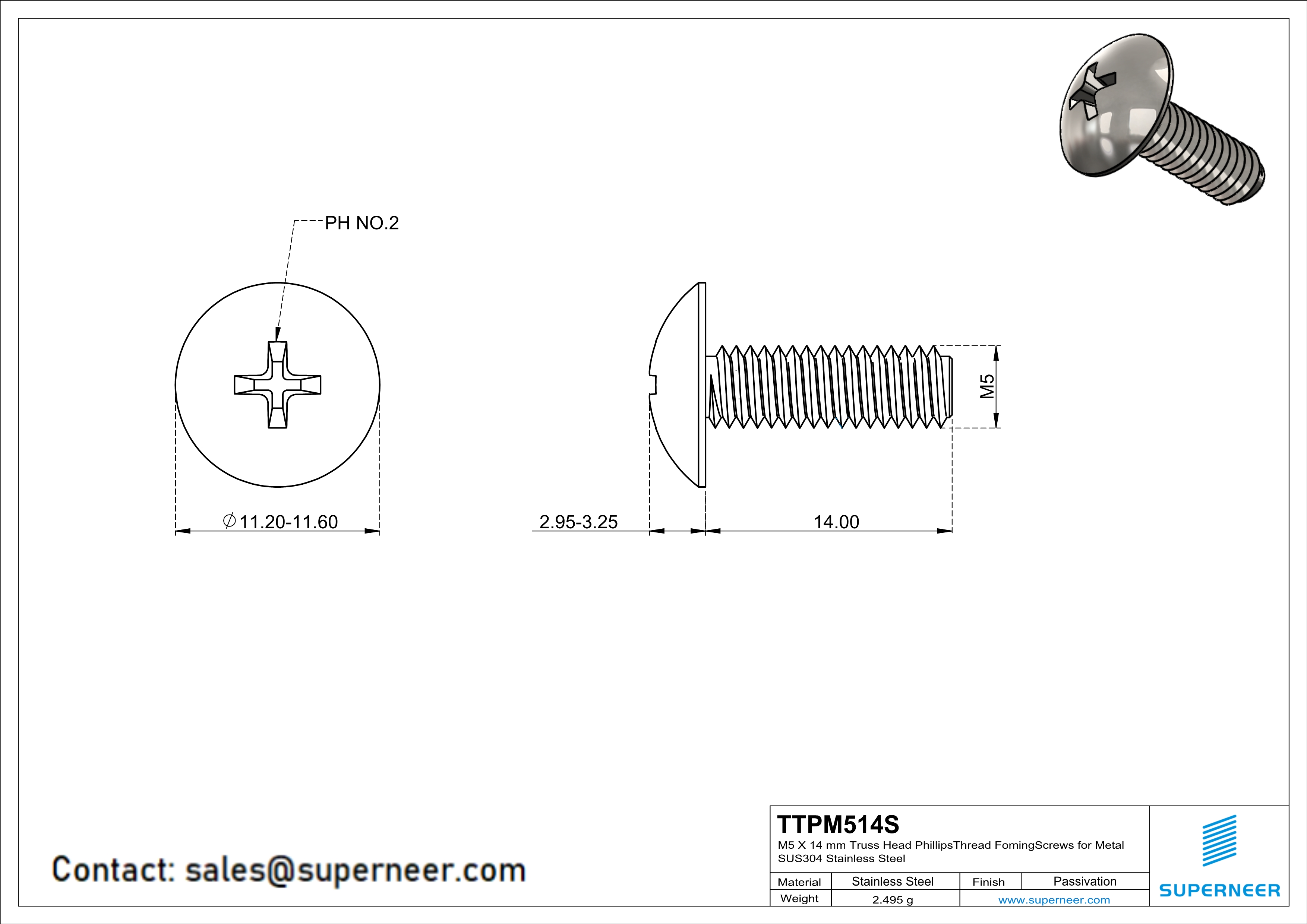 M5 × 14mm Truss Head Phillips Thread Forming Screws for Metal SUS304 Stainless Steel Inox