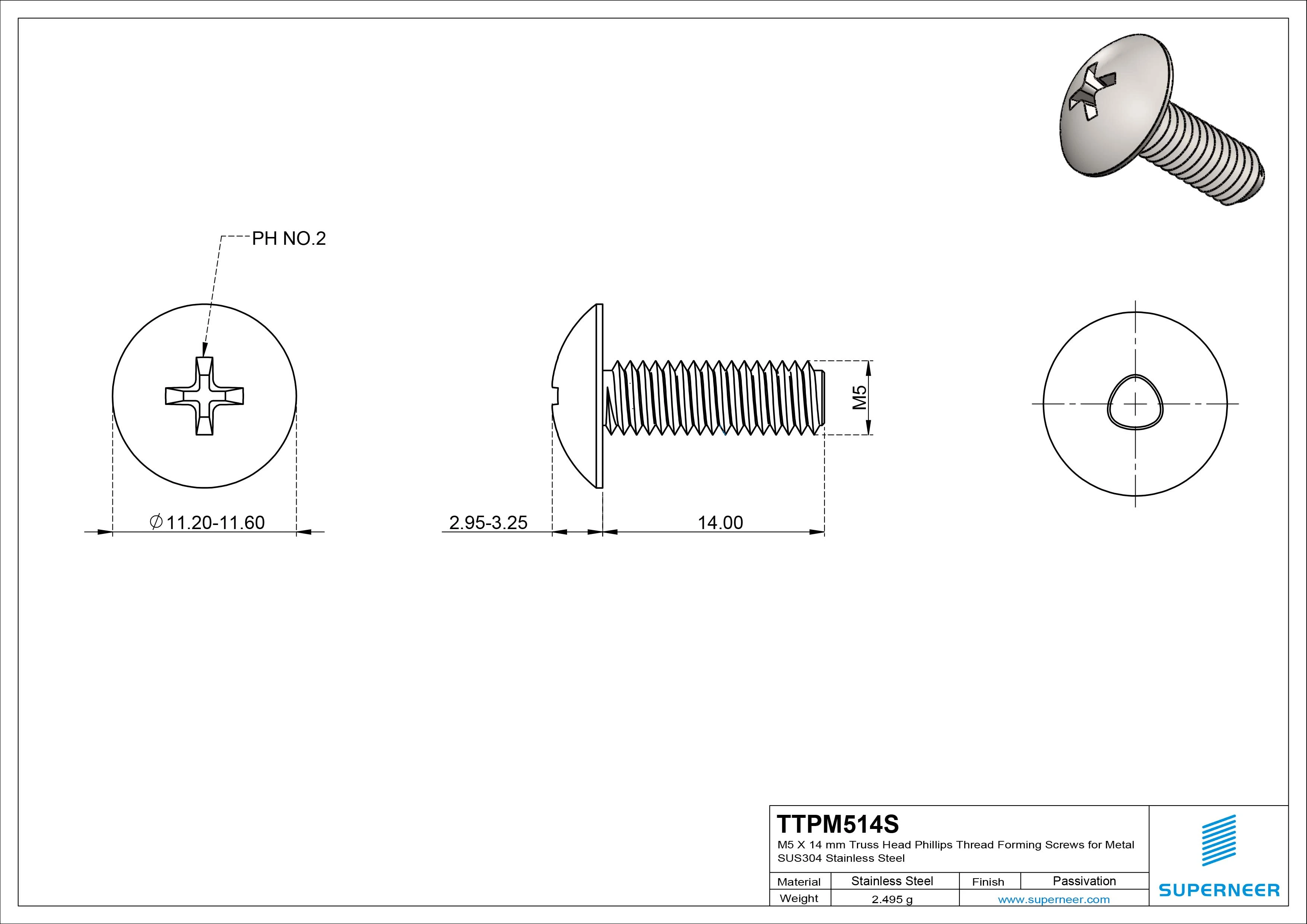 M5 × 14mm Truss Head Phillips Thread Forming Screws for Metal SUS304 Stainless Steel Inox