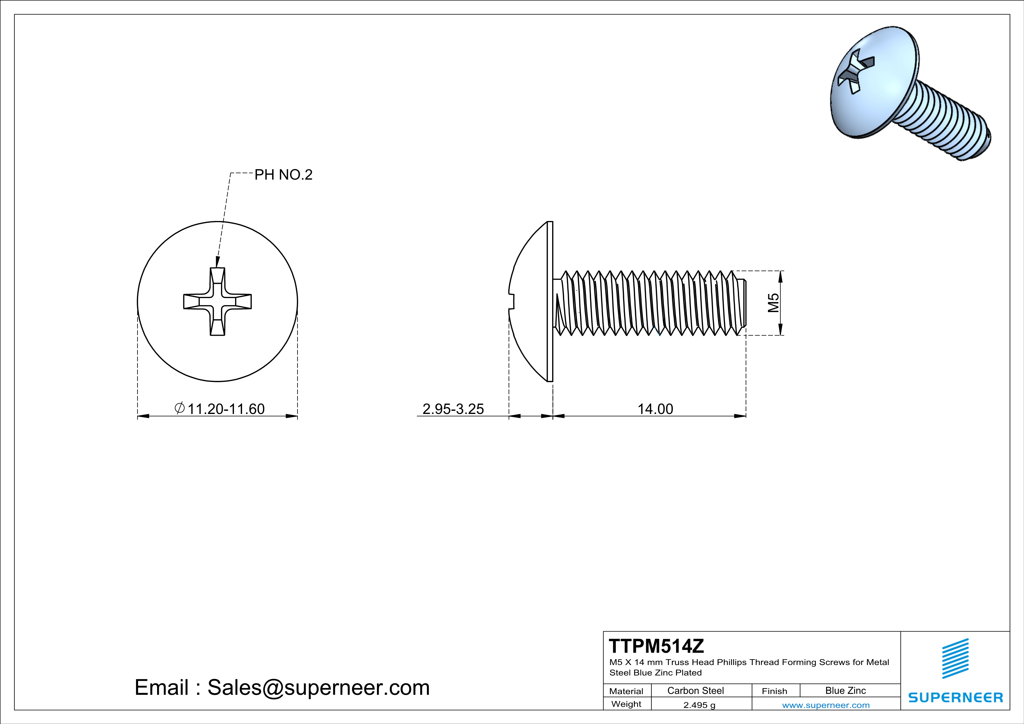 M5 × 14mm Truss Head Phillips Thread Forming Screws for Metal Steel Blue Zinc Plated