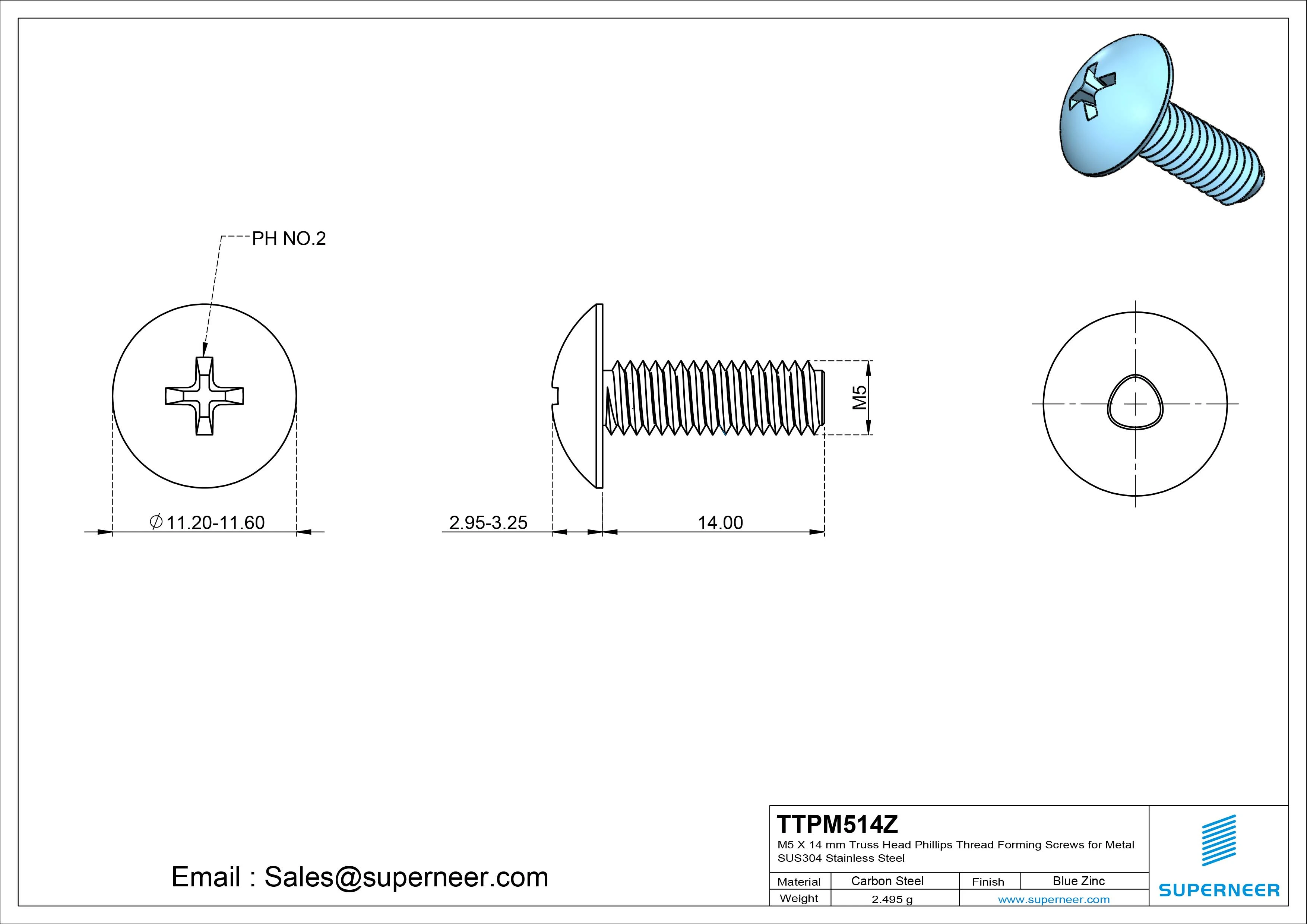 M5 × 14mm Truss Head Phillips Thread Forming Screws for Metal Steel Blue Zinc Plated