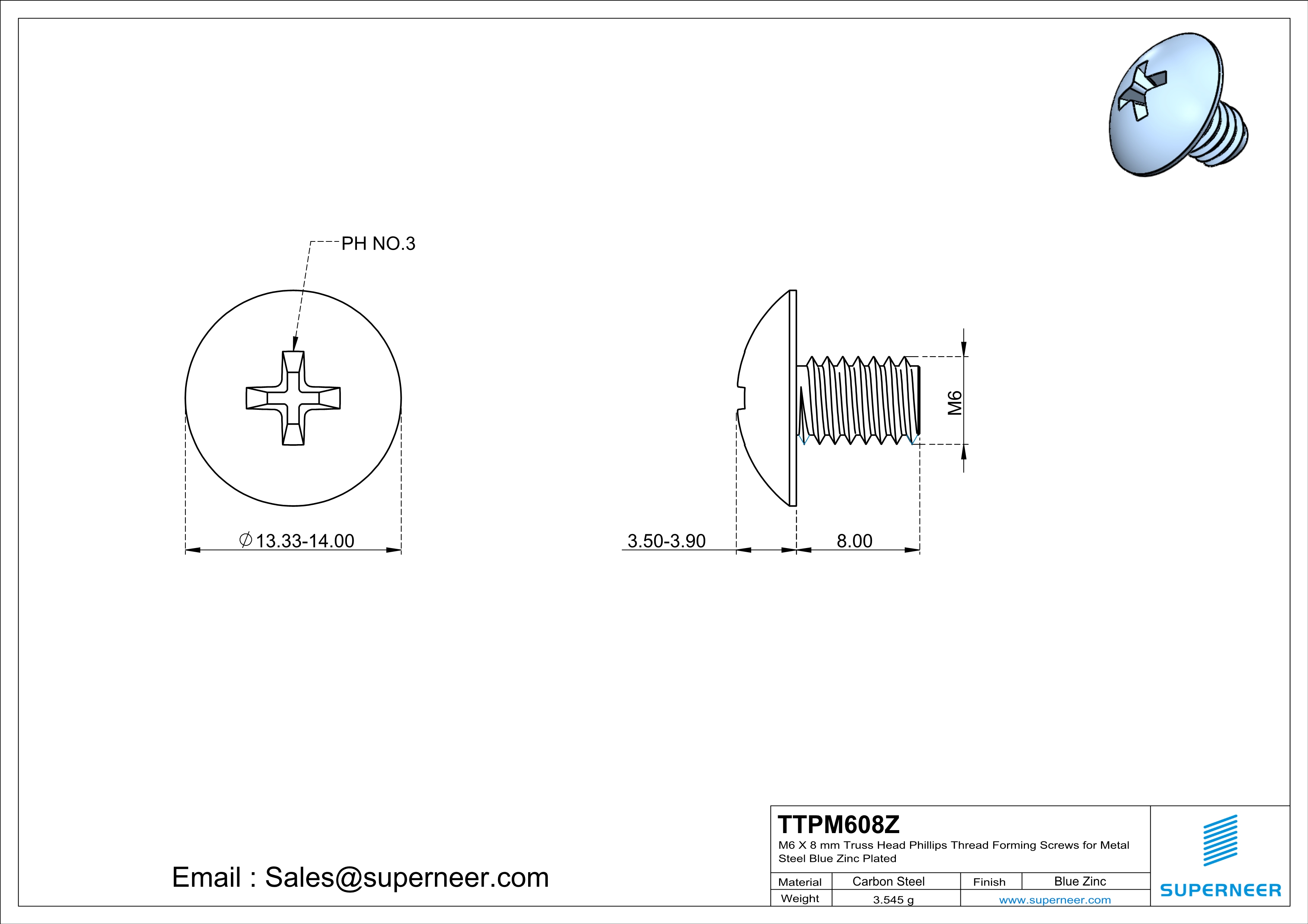 M6 × 8mm Truss Head Phillips Thread Forming Screws for Metal Steel Blue Zinc Plated