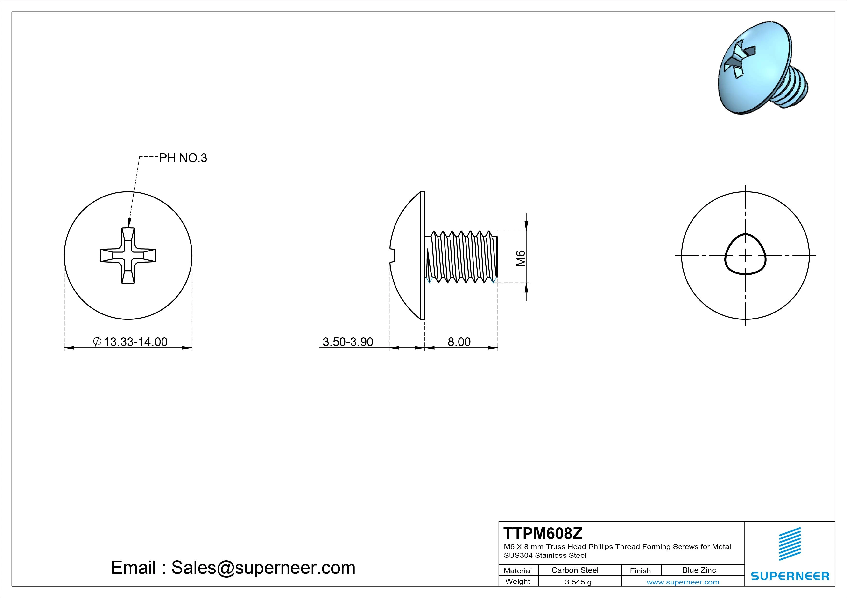 M6 × 8mm Truss Head Phillips Thread Forming Screws for Metal Steel Blue Zinc Plated