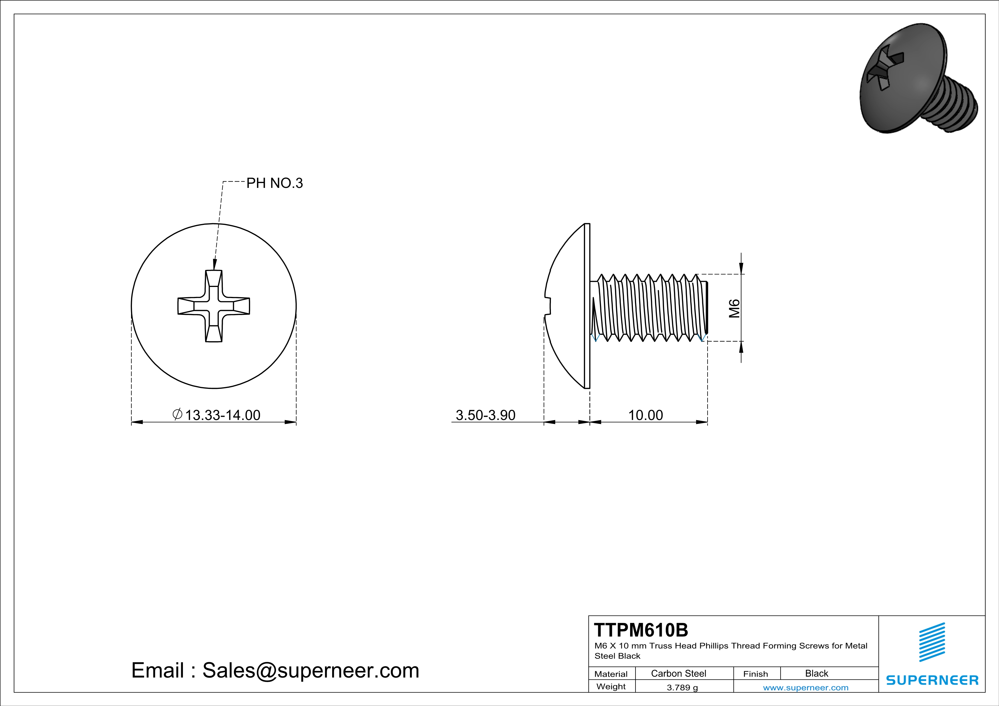 M6 × 10mm Truss Head Phillips Thread Forming Screws for Metal Steel Black