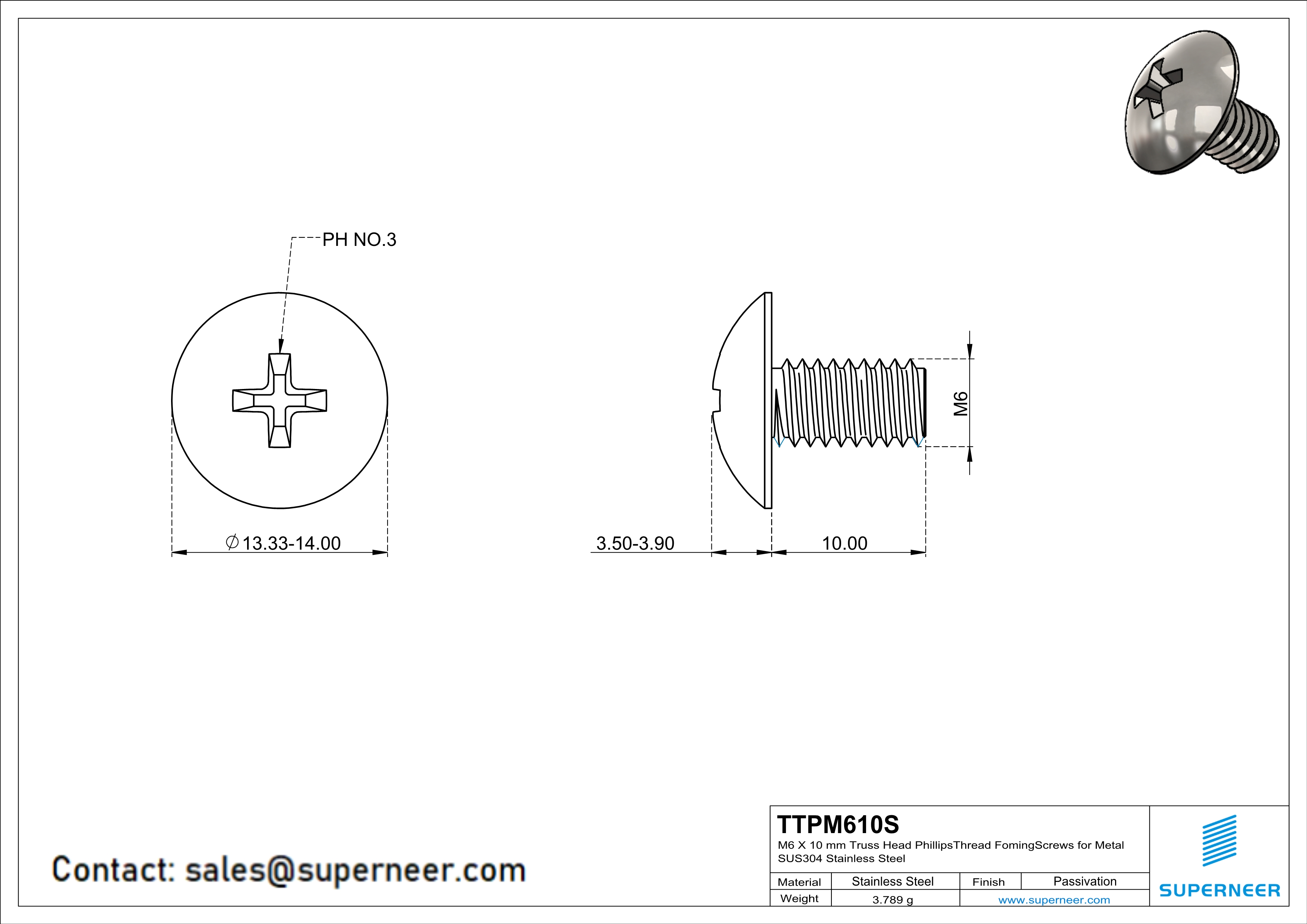 M6 × 10mm Truss Head Phillips Thread Forming Screws for Metal SUS304 Stainless Steel Inox