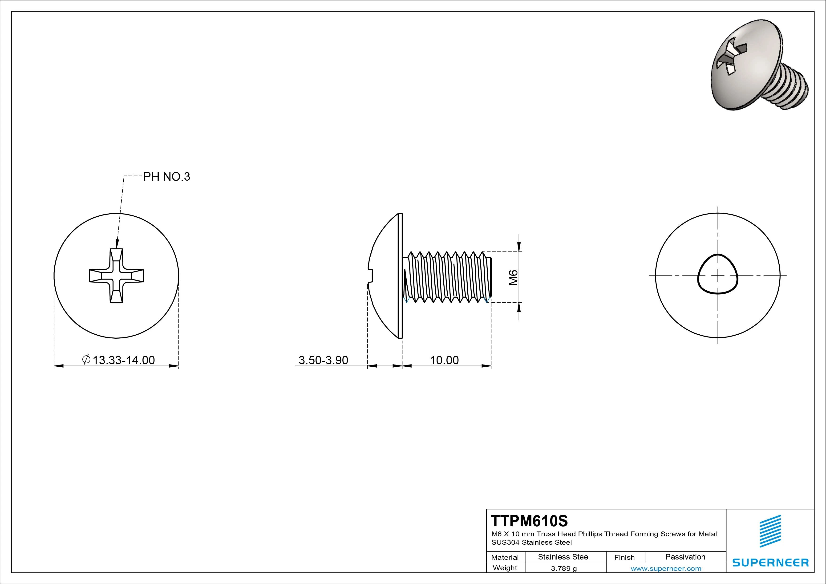 M6 × 10mm Truss Head Phillips Thread Forming Screws for Metal SUS304 Stainless Steel Inox