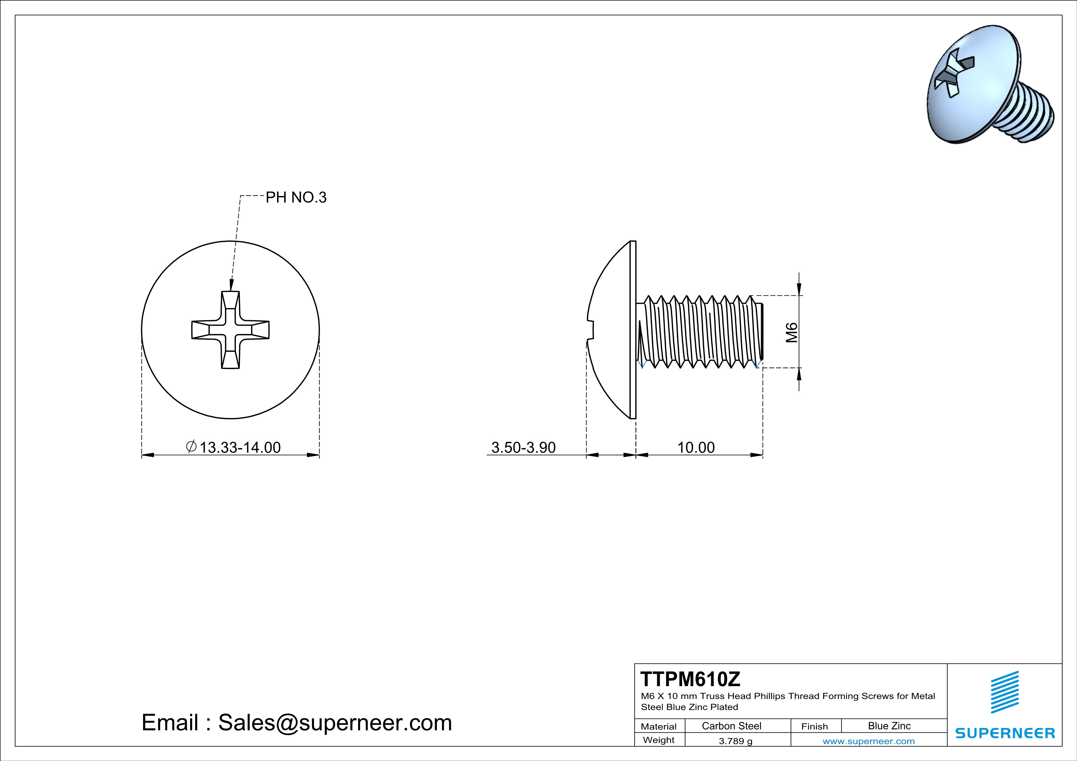 M6 × 10mm Truss Head Phillips Thread Forming Screws for Metal Steel Blue Zinc Plated