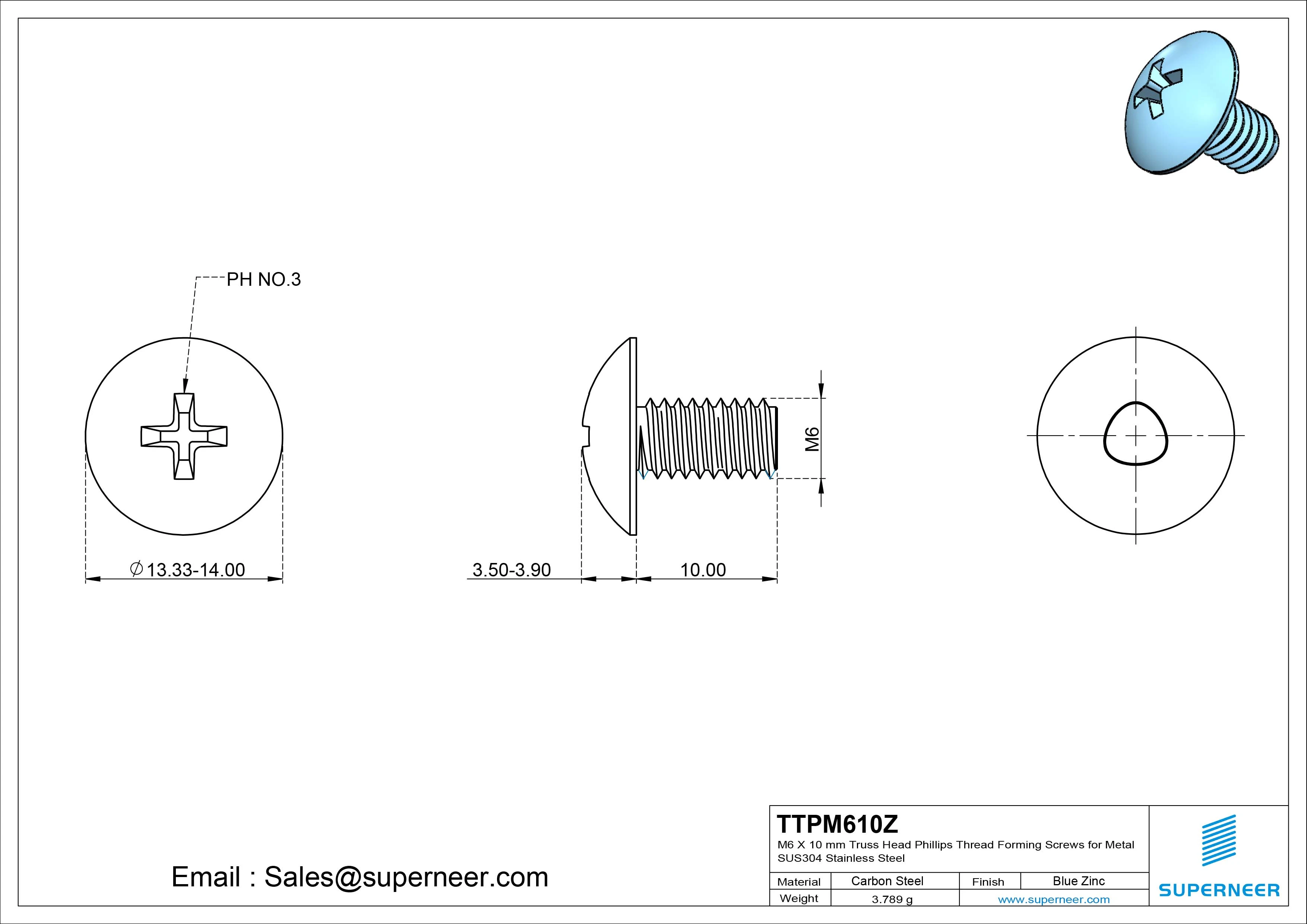 M6 × 10mm Truss Head Phillips Thread Forming Screws for Metal Steel Blue Zinc Plated