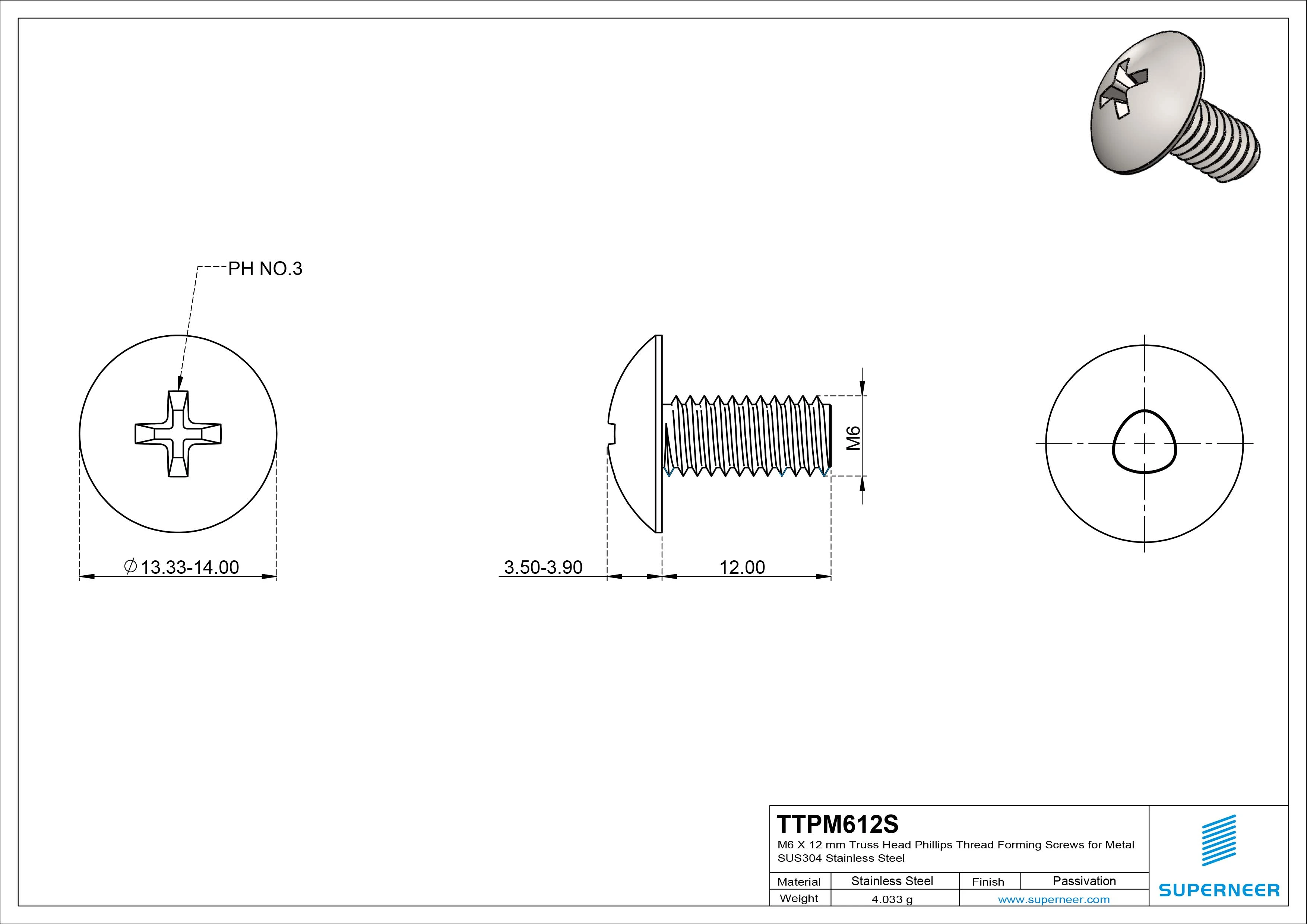 M6 × 12mm Truss Head Phillips Thread Forming Screws for Metal SUS304 Stainless Steel Inox