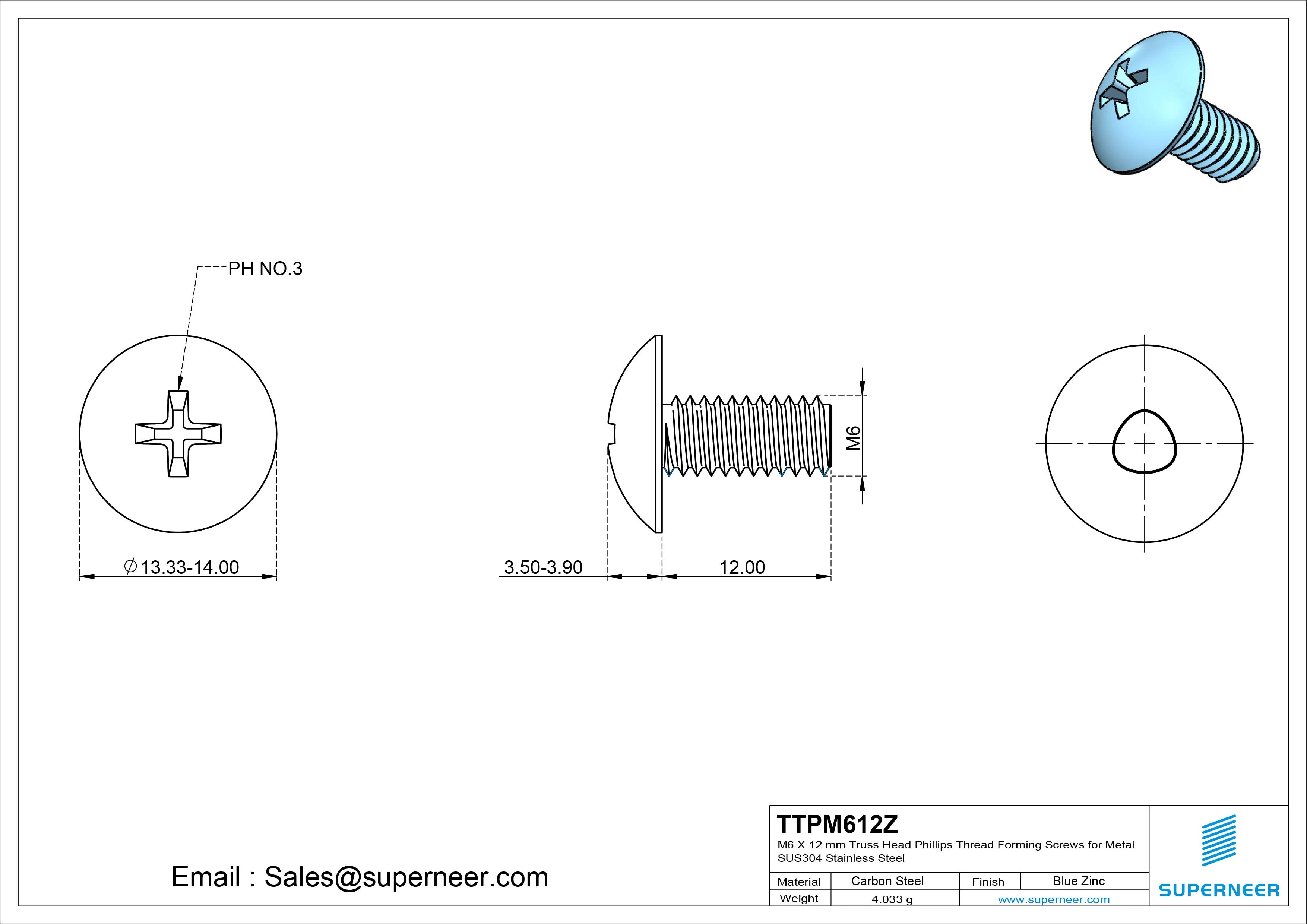 M6 × 12mm Truss Head Phillips Thread Forming Screws for Metal Steel Blue Zinc Plated