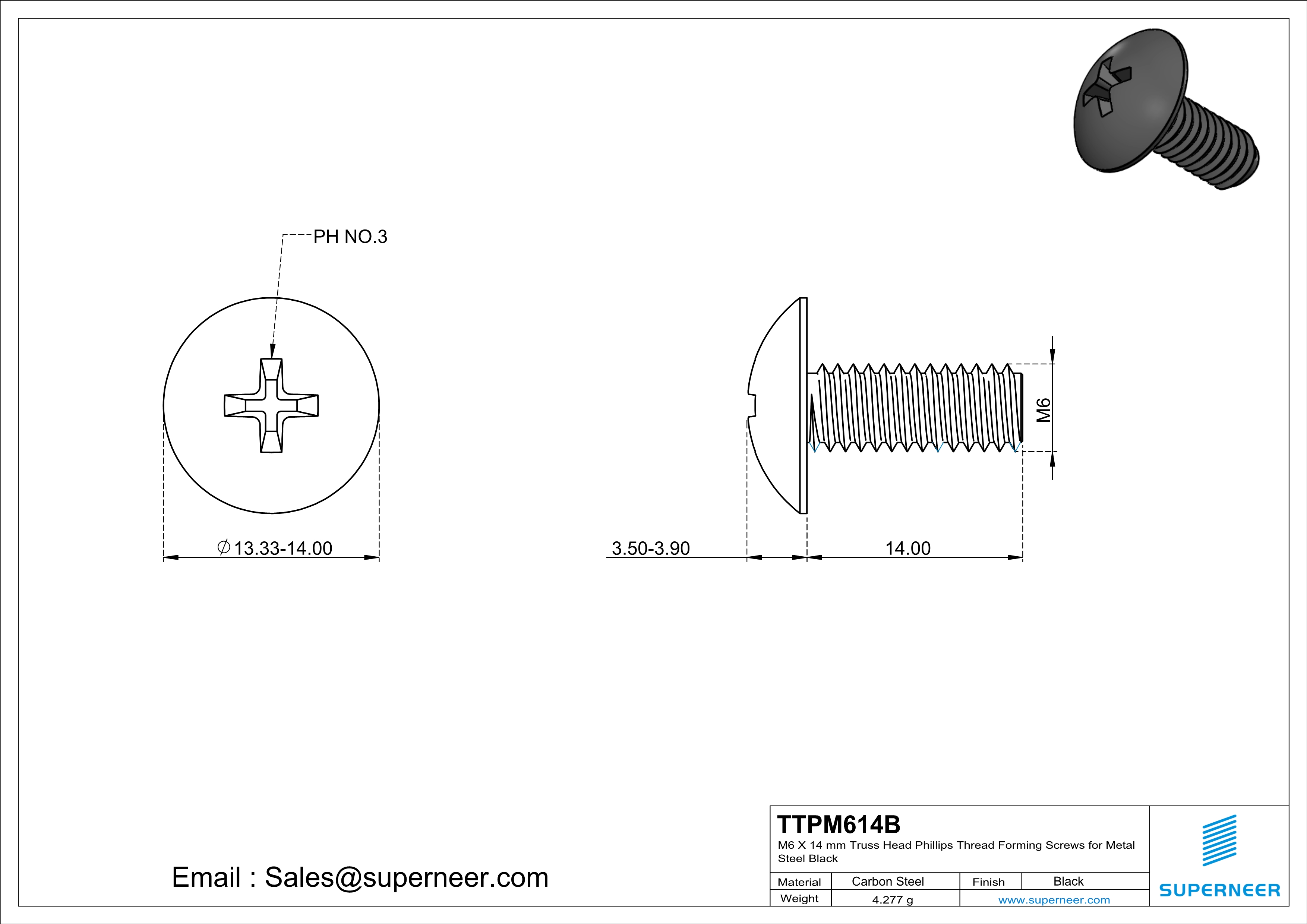 M6 × 14mm Truss Head Phillips Thread Forming Screws for Metal Steel Black