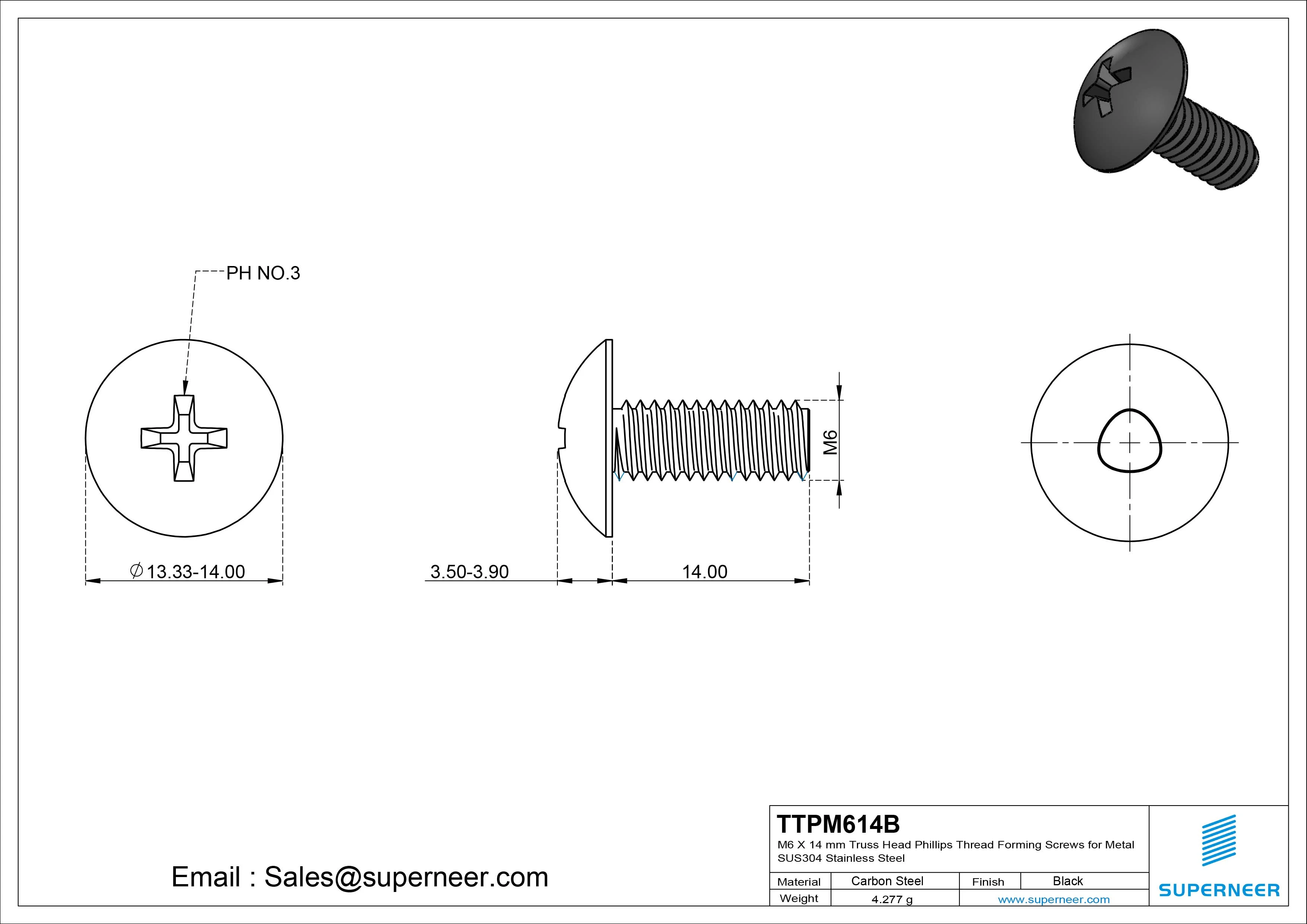 M6 × 14mm Truss Head Phillips Thread Forming Screws for Metal Steel Black