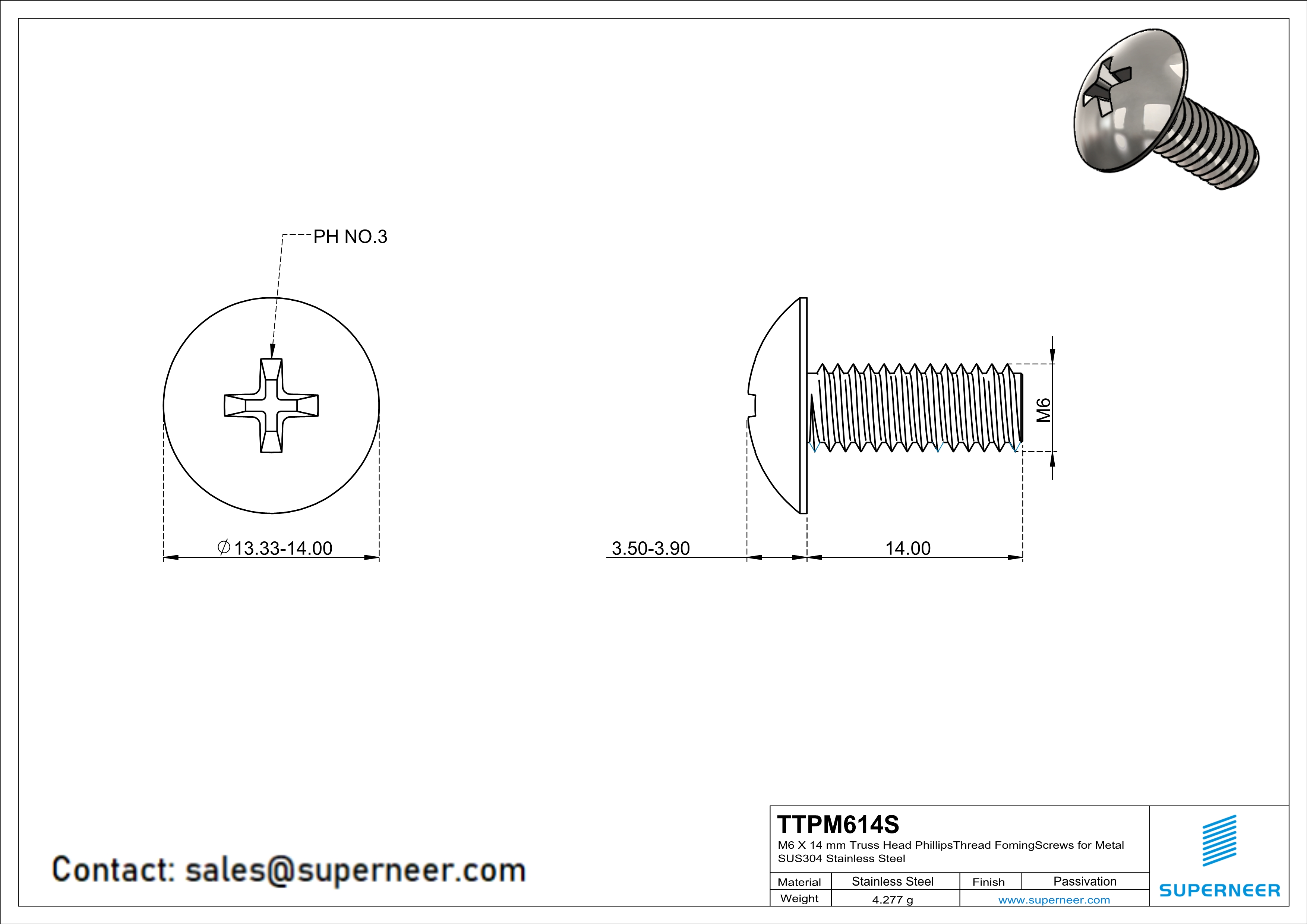 M6 × 14mm Truss Head Phillips Thread Forming Screws for Metal SUS304 Stainless Steel Inox