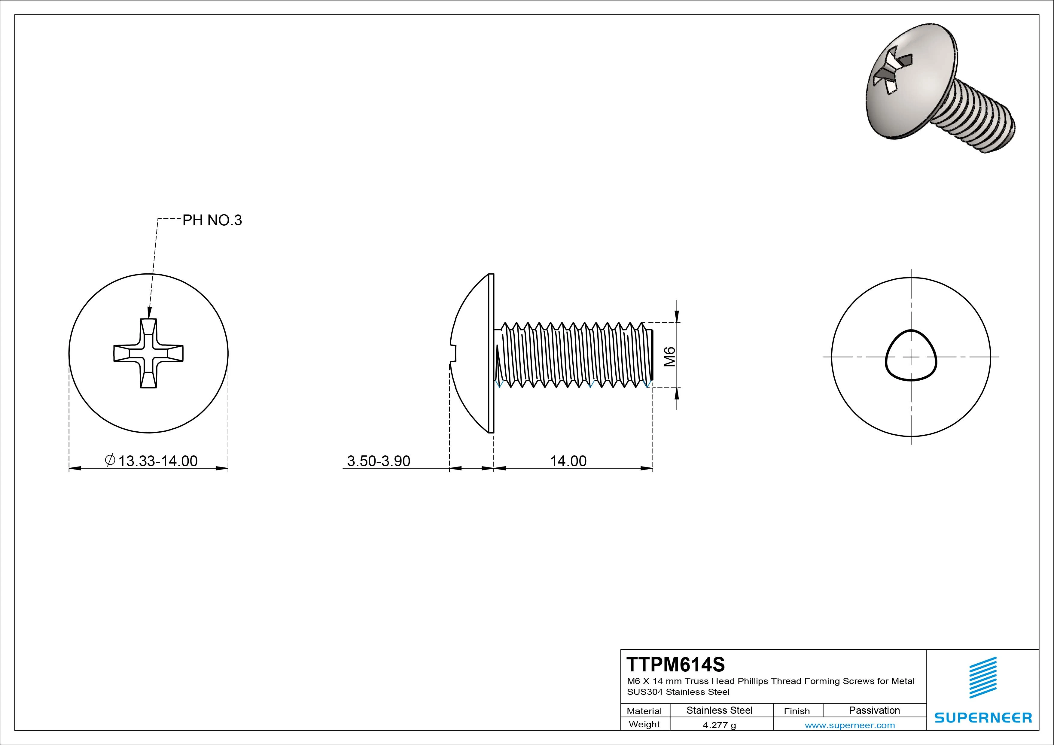 M6 × 14mm Truss Head Phillips Thread Forming Screws for Metal SUS304 Stainless Steel Inox