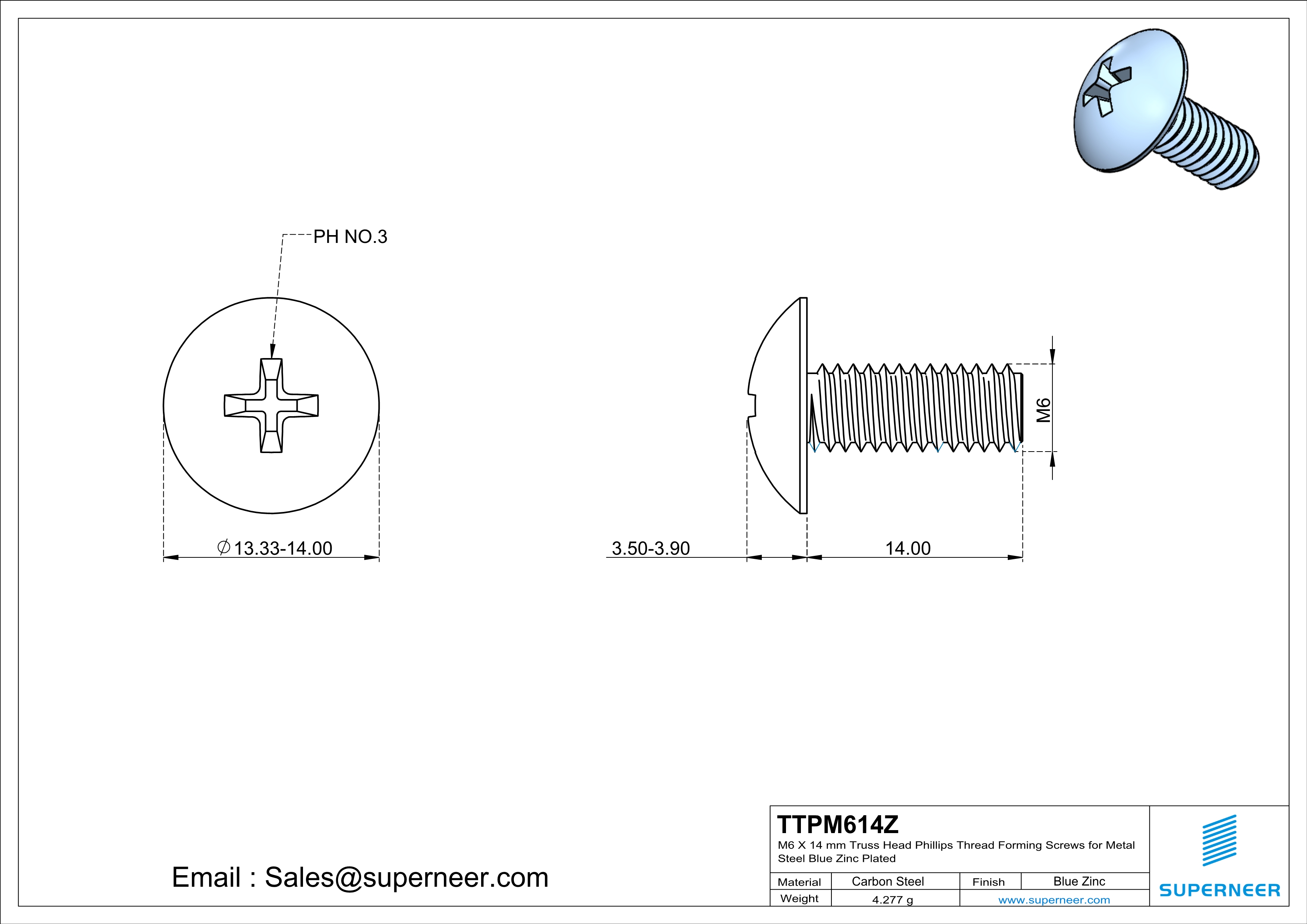 M6 × 14mm Truss Head Phillips Thread Forming Screws for Metal Steel Blue Zinc Plated