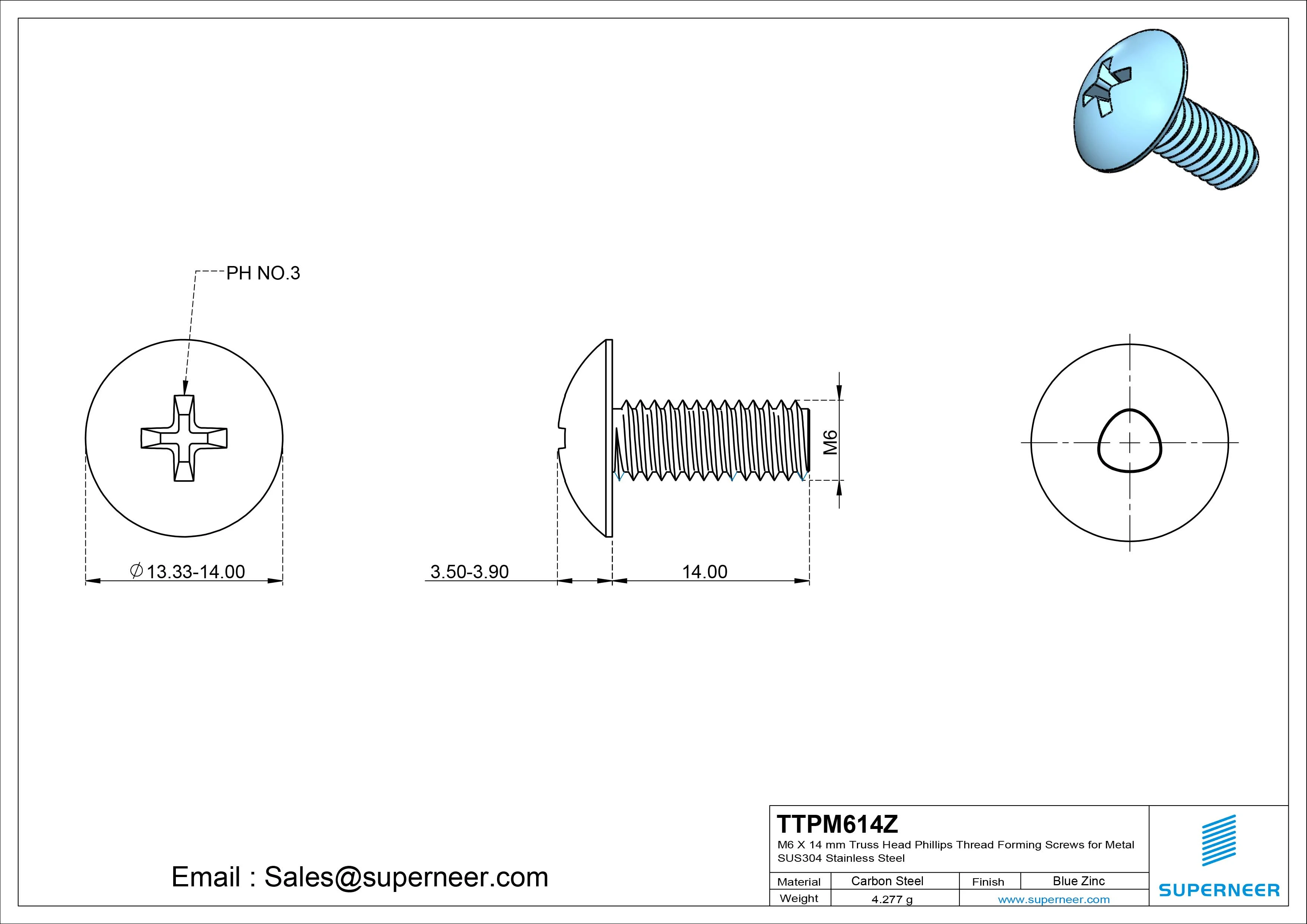 M6 × 14mm Truss Head Phillips Thread Forming Screws for Metal Steel Blue Zinc Plated