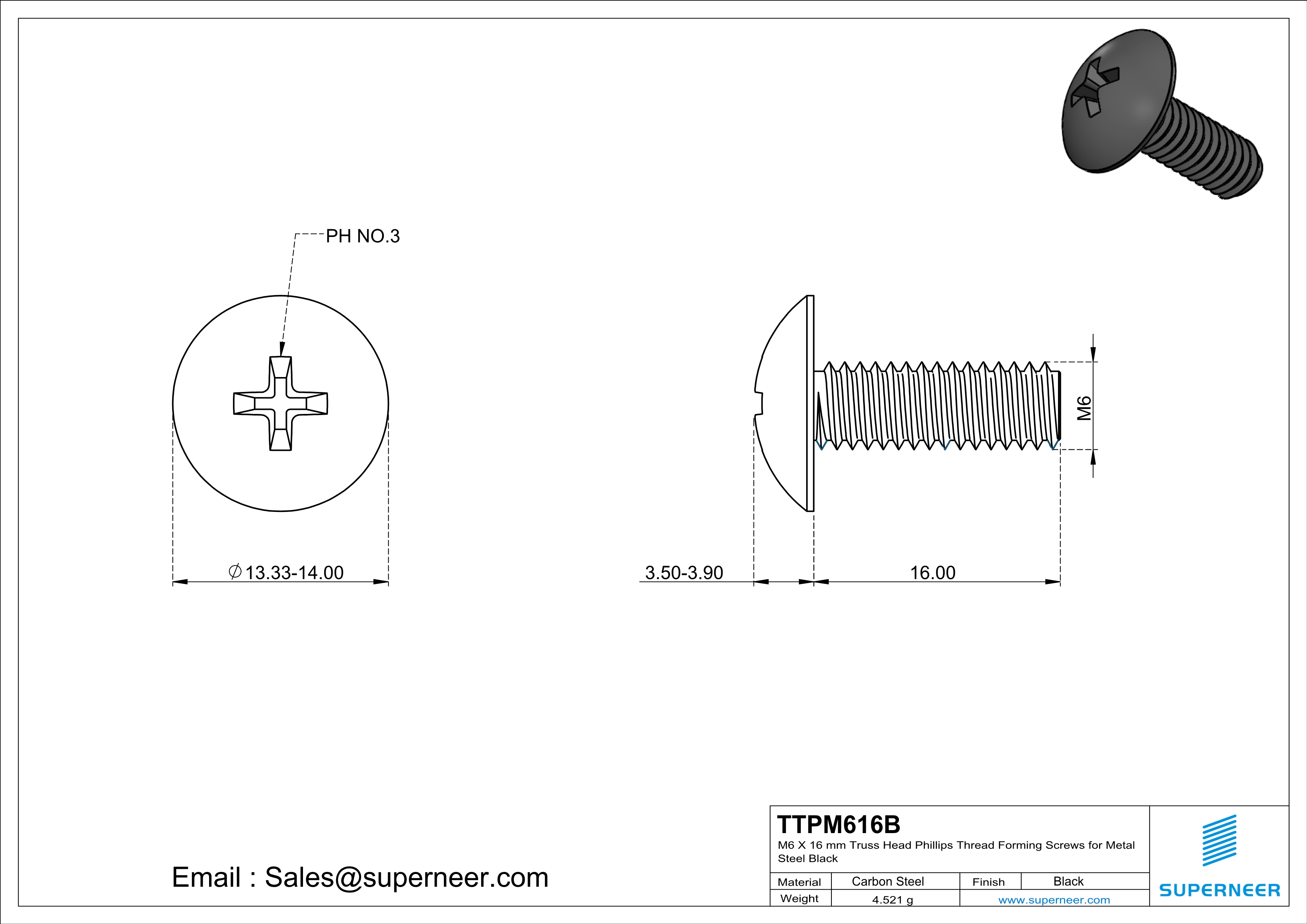 M6 × 16mm Truss Head Phillips Thread Forming Screws for Metal Steel Black