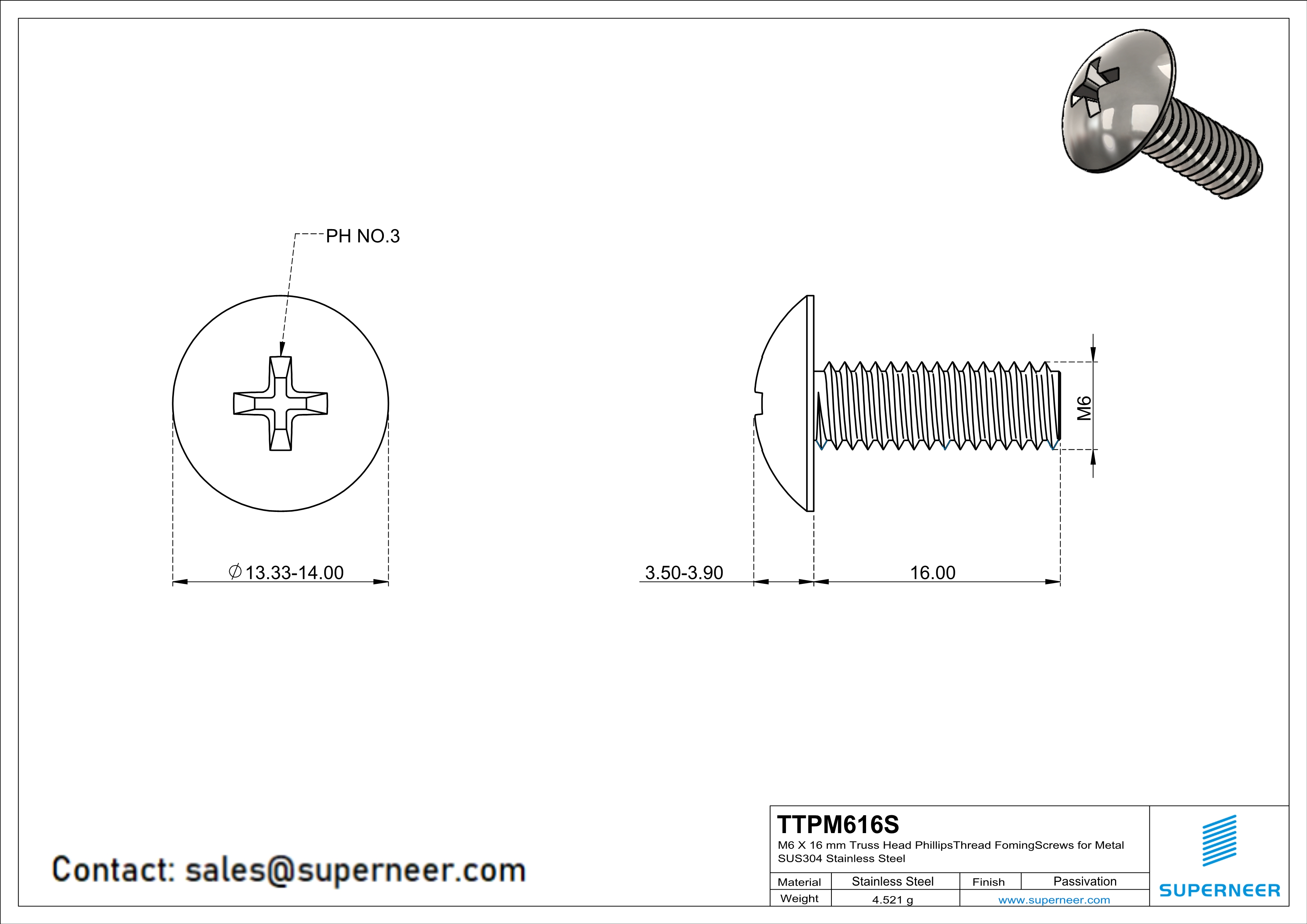 M6 × 16mm Truss Head Phillips Thread Forming Screws for Metal SUS304 Stainless Steel Inox