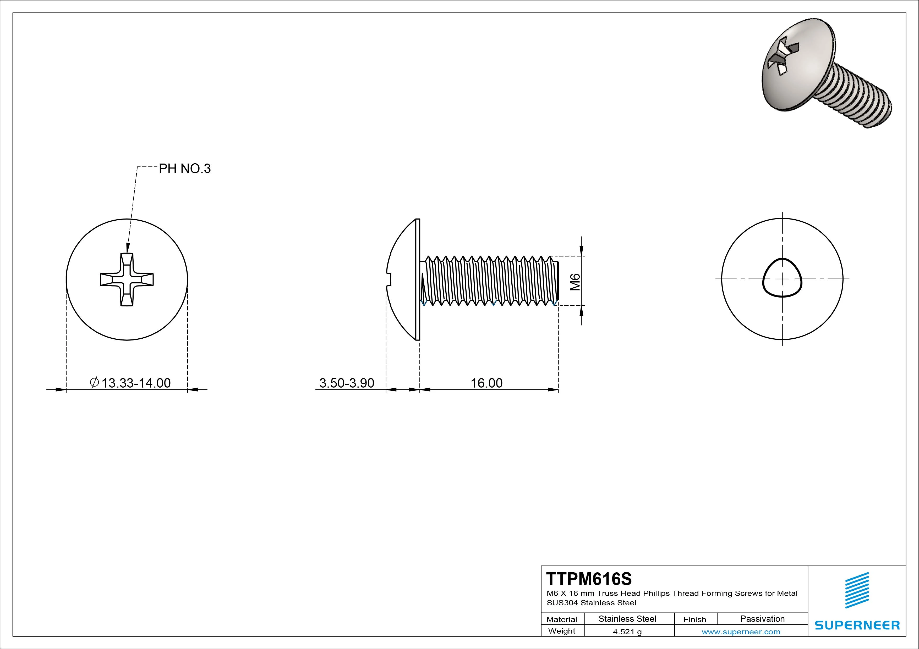 M6 × 16mm Truss Head Phillips Thread Forming Screws for Metal SUS304 Stainless Steel Inox