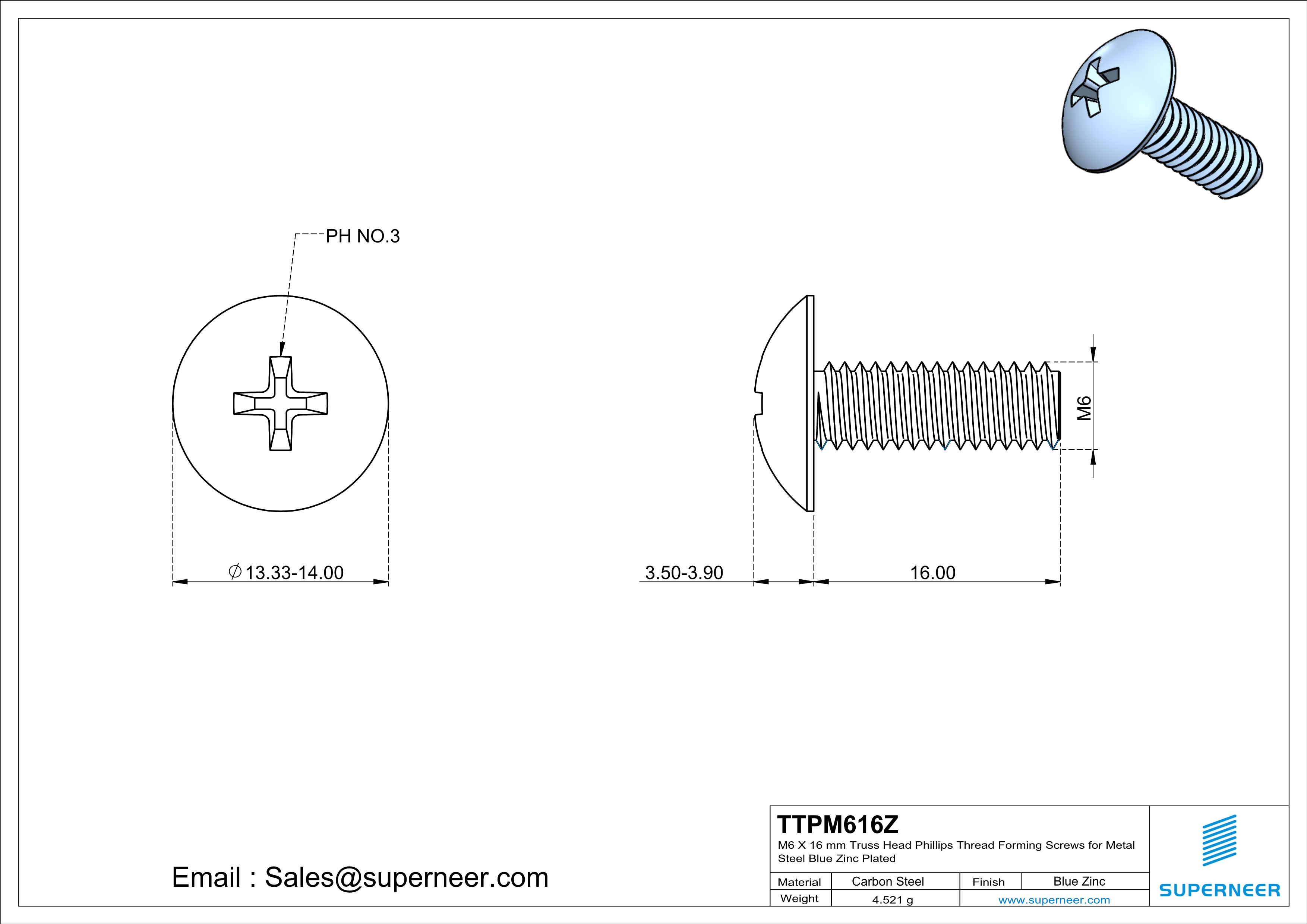 M6 × 16mm Truss Head Phillips Thread Forming Screws for Metal Steel Blue Zinc Plated