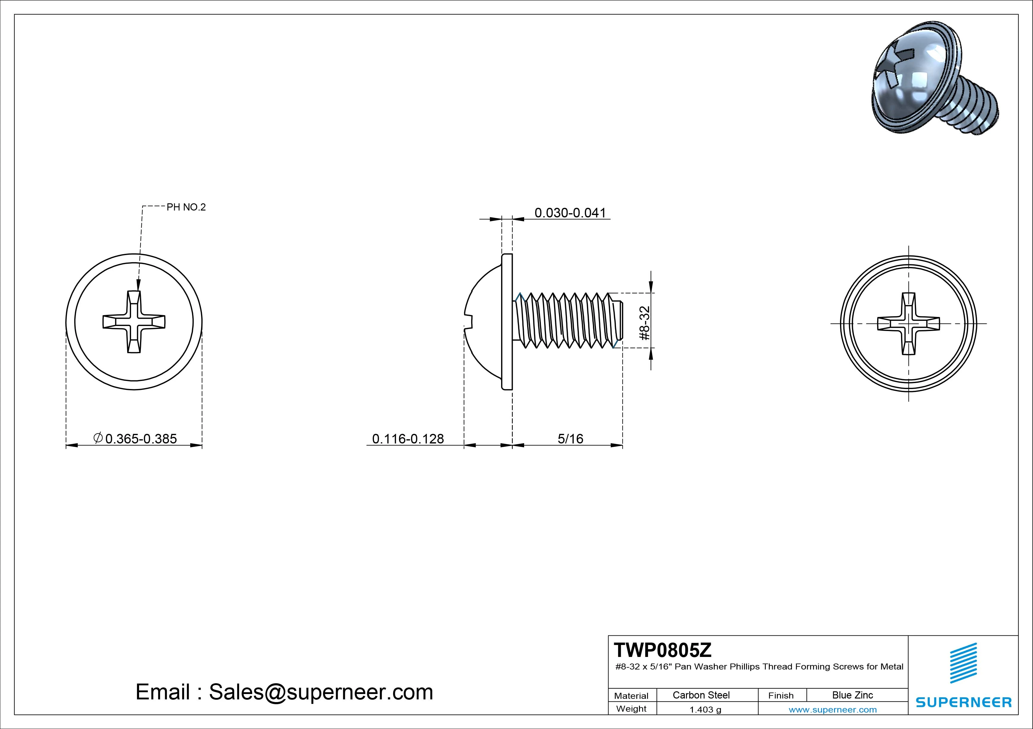 8-32 × 5/16 Pan Washer Phillips Thread Forming  Screws for Metal  Steel Blue Zinc Plated