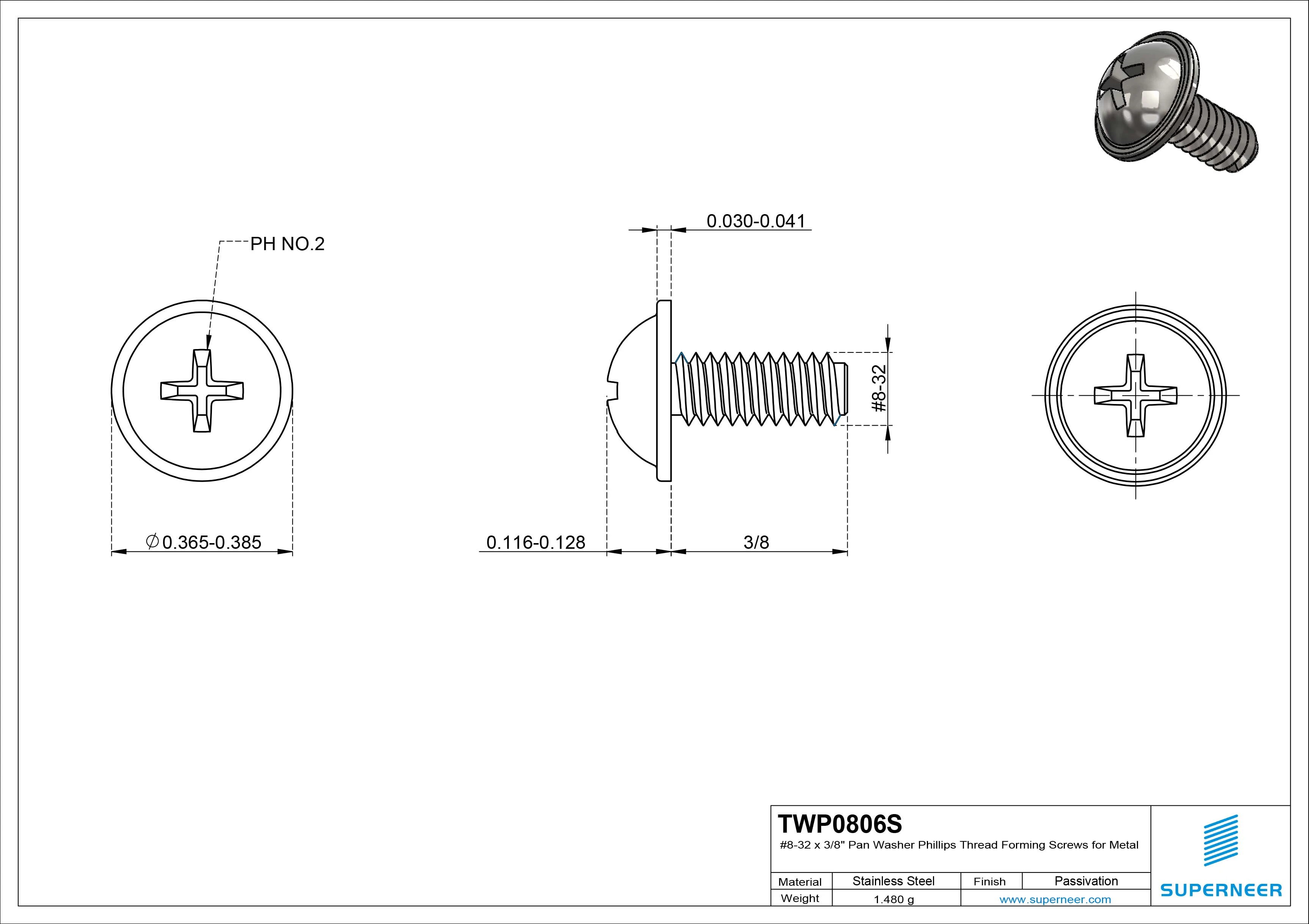 8-32 × 3/8 Pan Washer Phillips Thread Forming  Screws for Metal  SUS304 Stainless Steel Inox