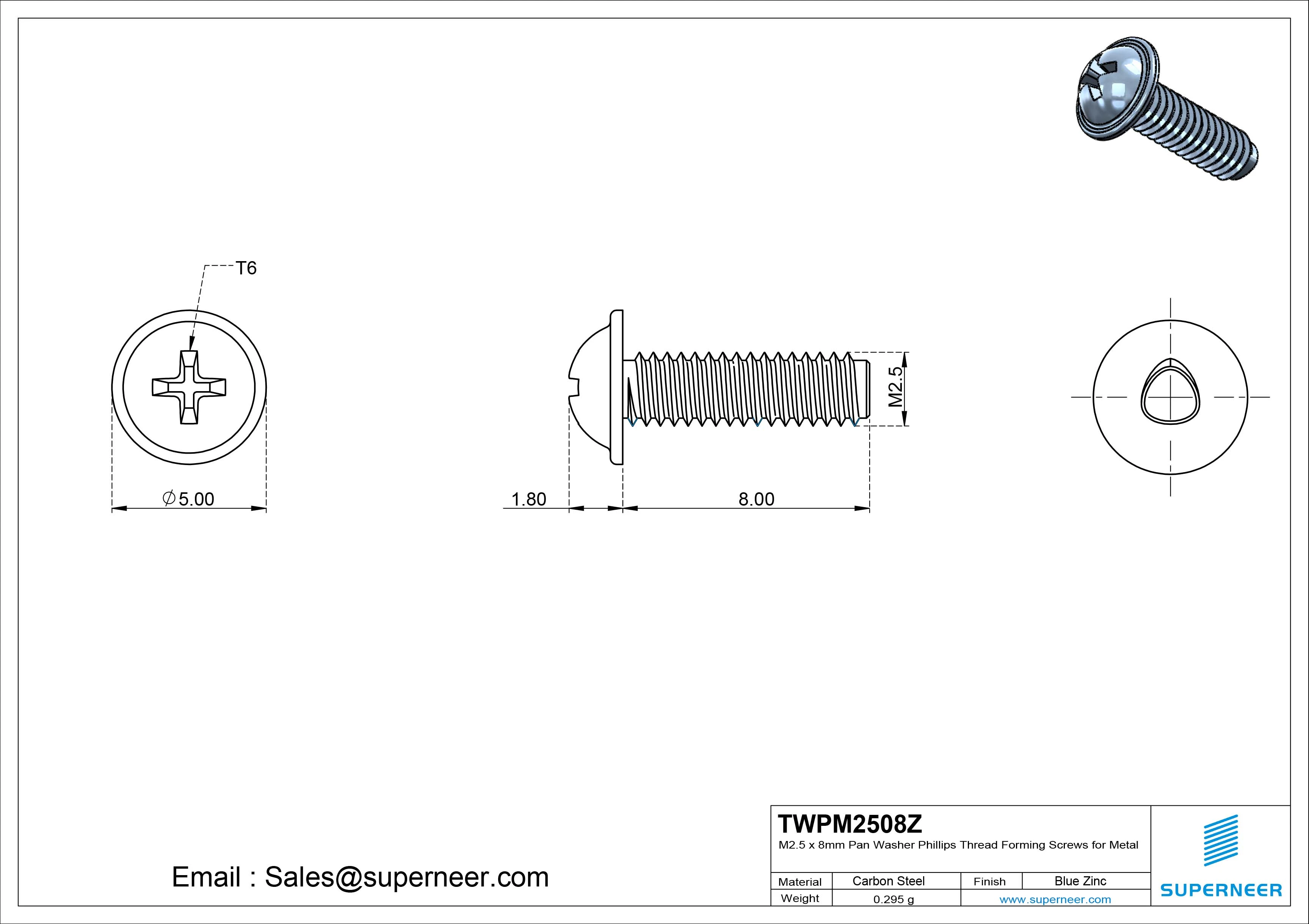 M2.5 × 8mm Pan Washer Phillips Thread Forming Screws for Metal Steel Blue Zinc Plated