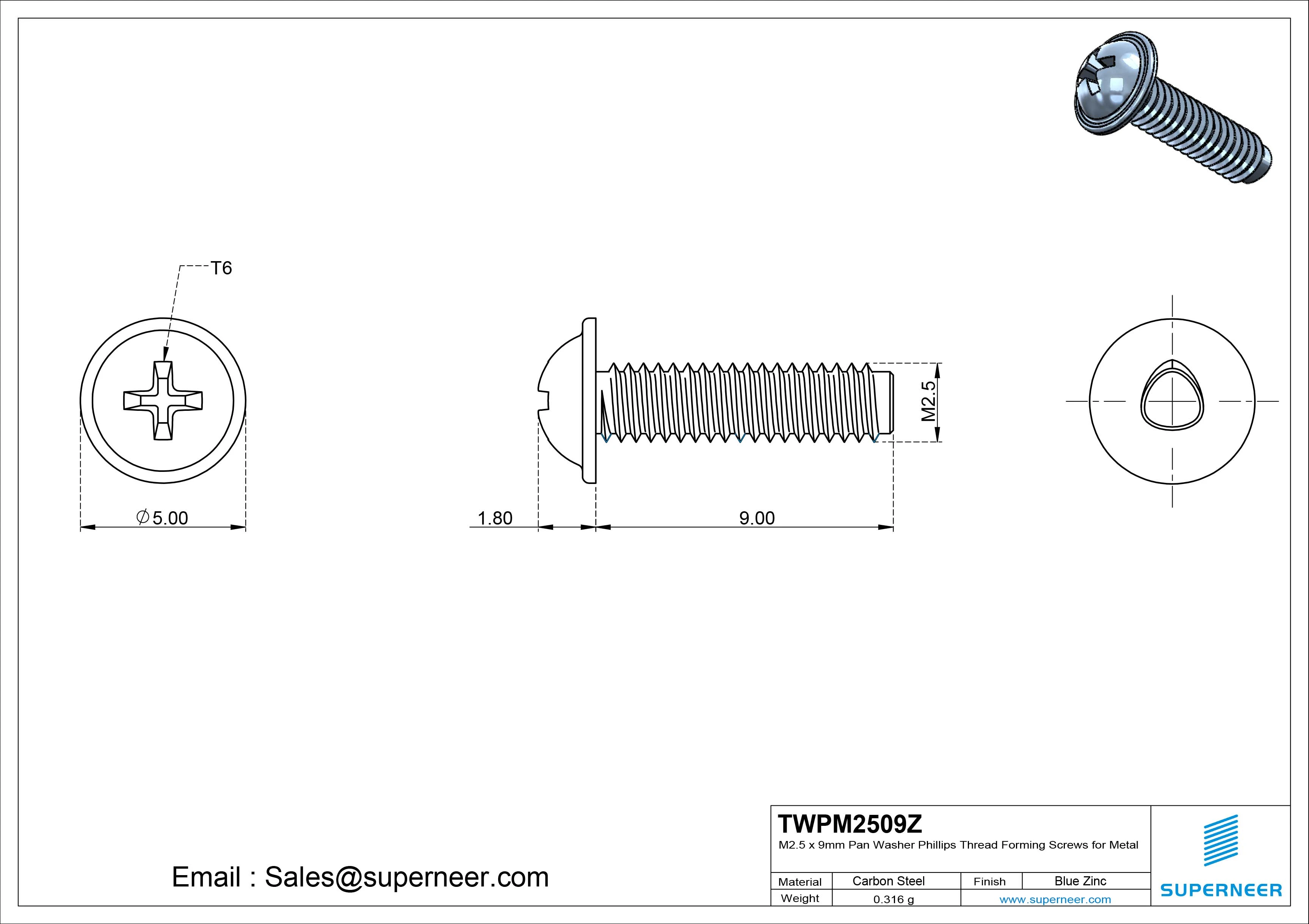 M2.5 × 9mm Pan Washer Phillips Thread Forming Screws for Metal Steel Blue Zinc Plated