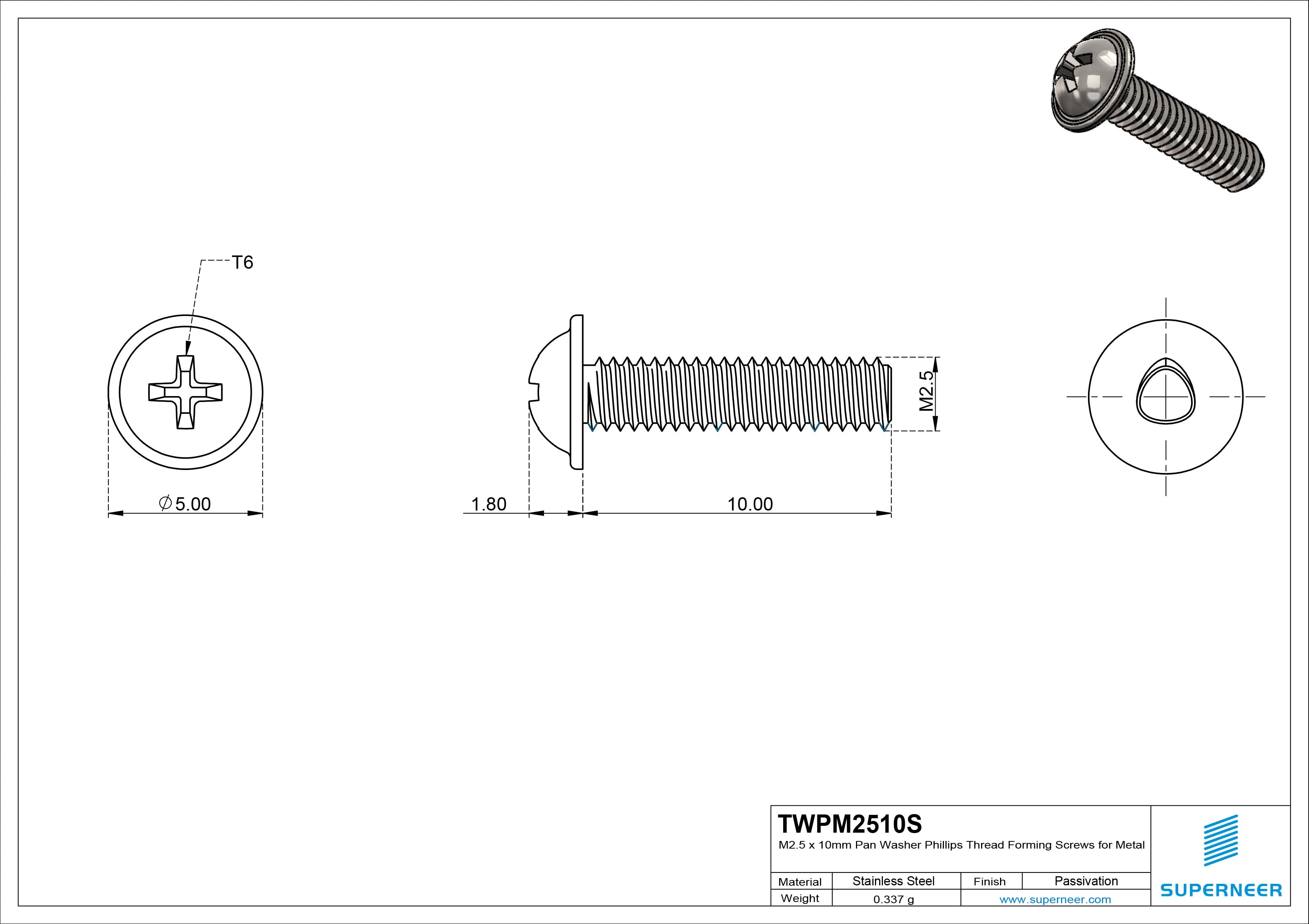 M2.5 × 10mm Pan Washer Phillips Thread Forming Screws for Metal SUS304 Stainless Steel Inox