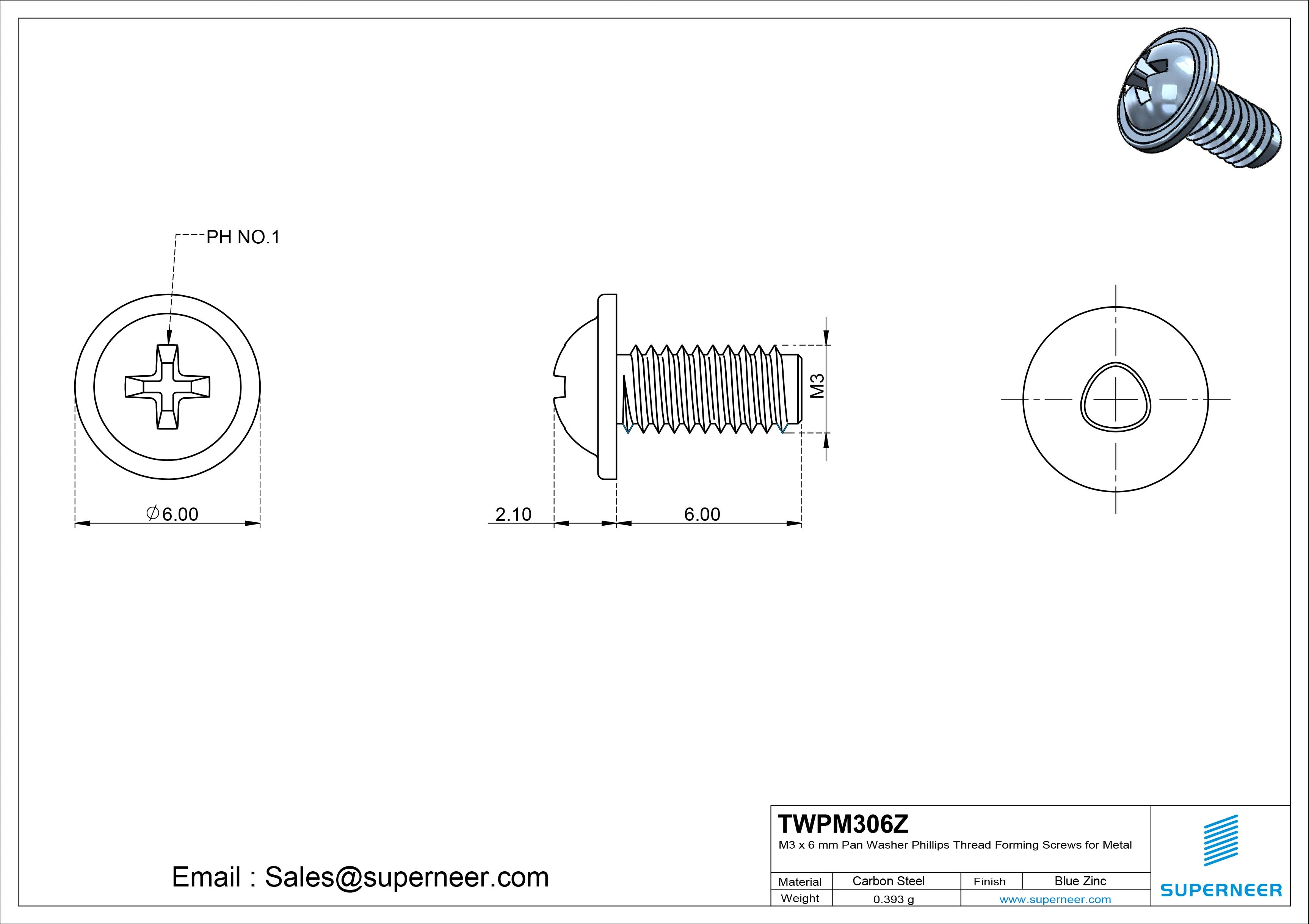 M3 × 6mm Pan Washer Phillips Thread Forming Screws for Metal Steel Blue Zinc Plated