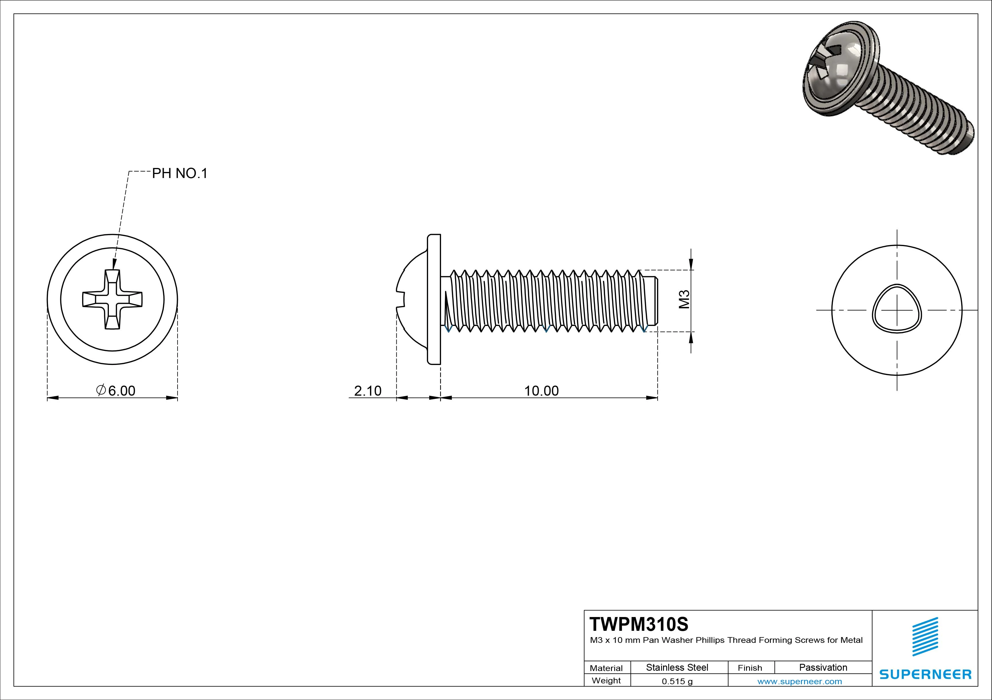 M3 × 10mm Pan Washer Phillips Thread Forming Screws for Metal SUS304 Stainless Steel Inox