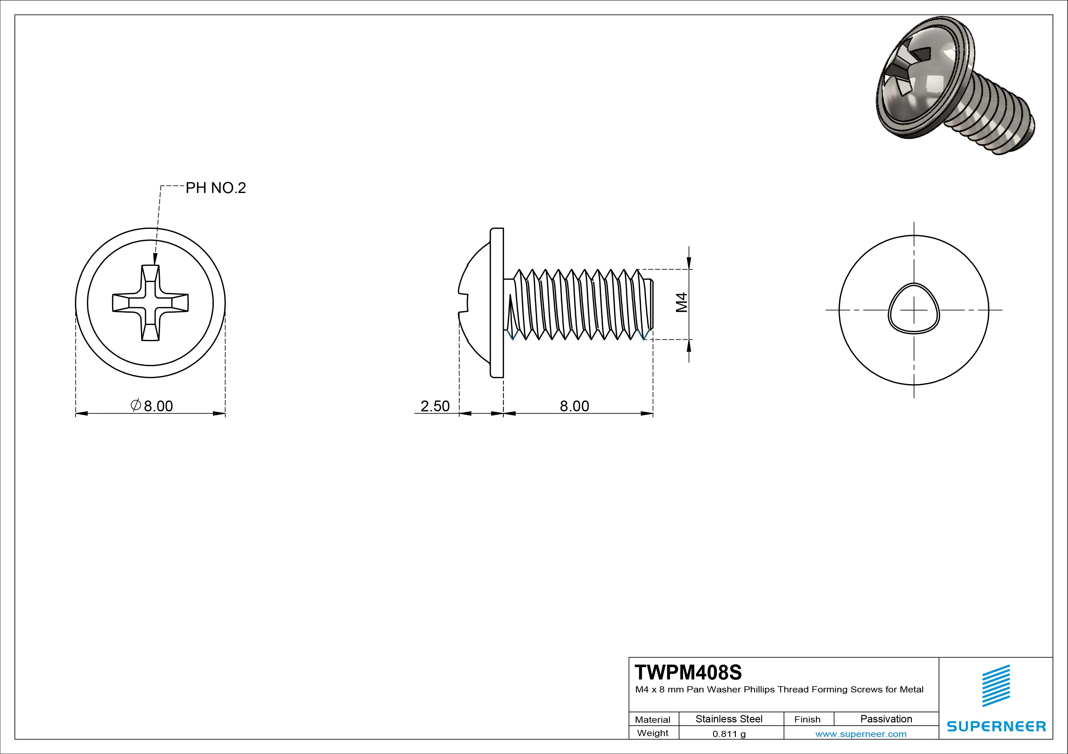 M4 × 8mm Pan Washer Phillips Thread Forming Screws for Metal SUS304 Stainless Steel Inox