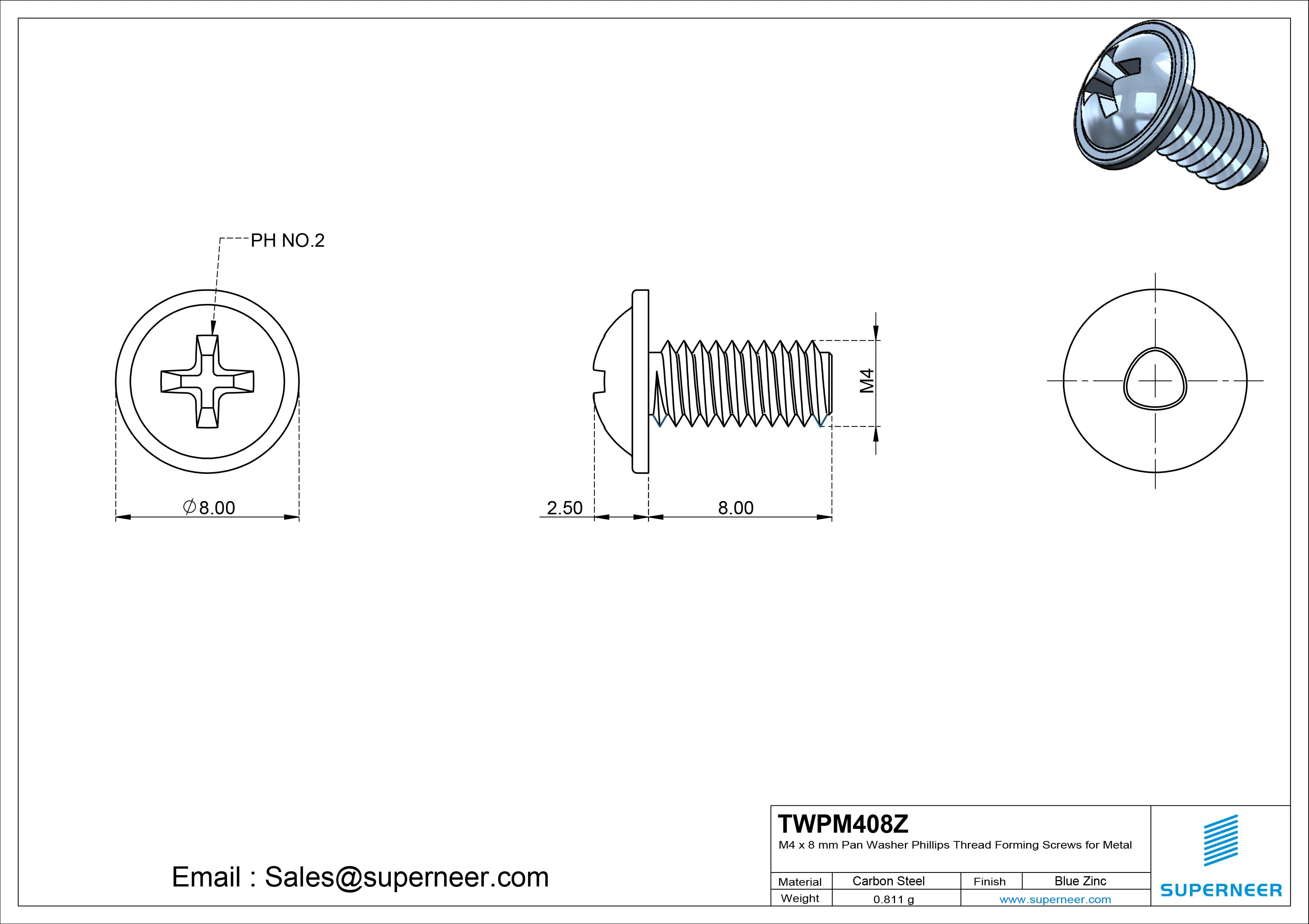 M4 × 8mm Pan Washer Phillips Thread Forming Screws for Metal Steel Blue Zinc Plated