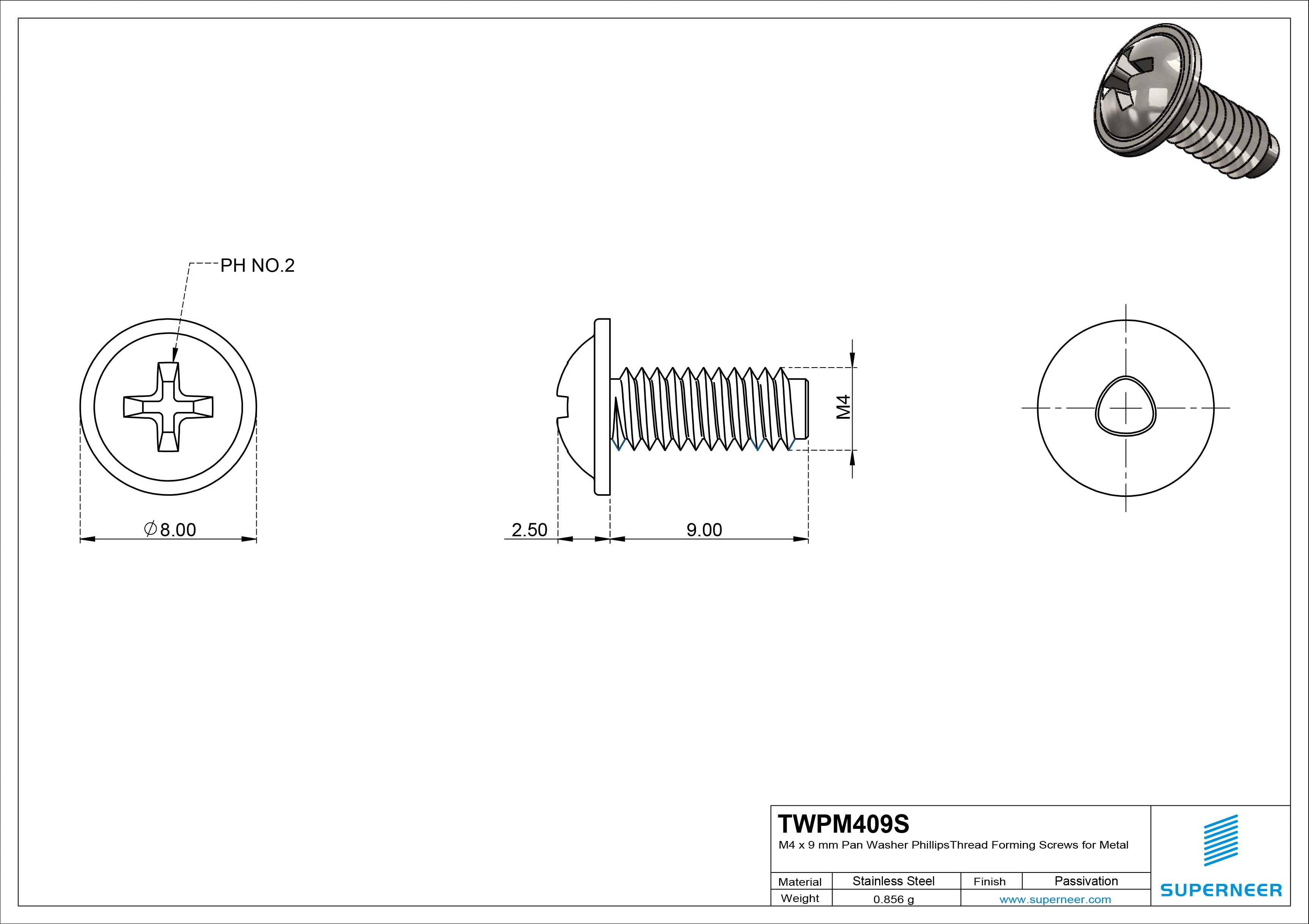 M4 × 9mm Pan Washer Phillips Thread Forming Screws for Metal SUS304 Stainless Steel Inox