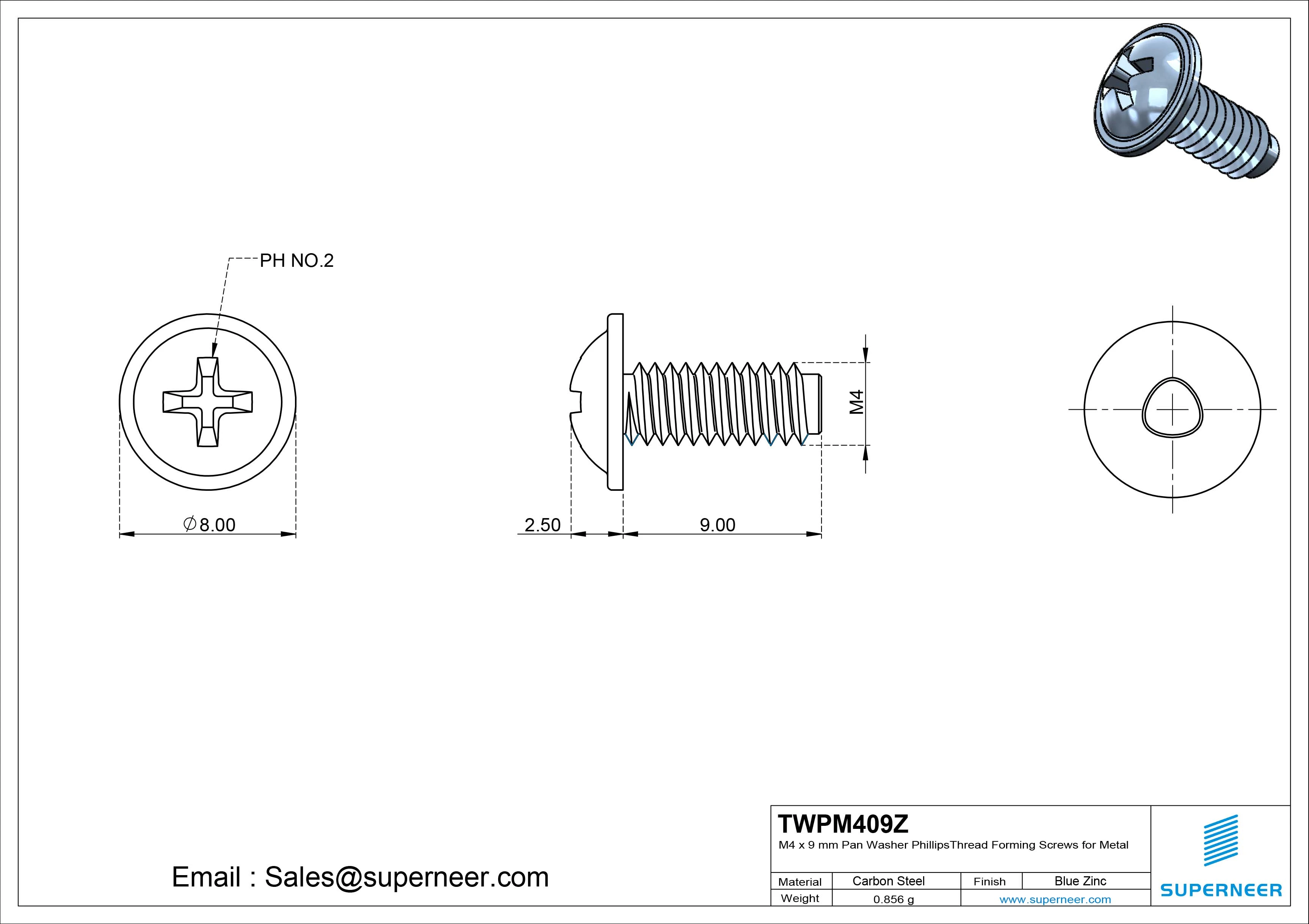 M4 × 9mm Pan Washer Phillips Thread Forming Screws for Metal Steel Blue Zinc Plated