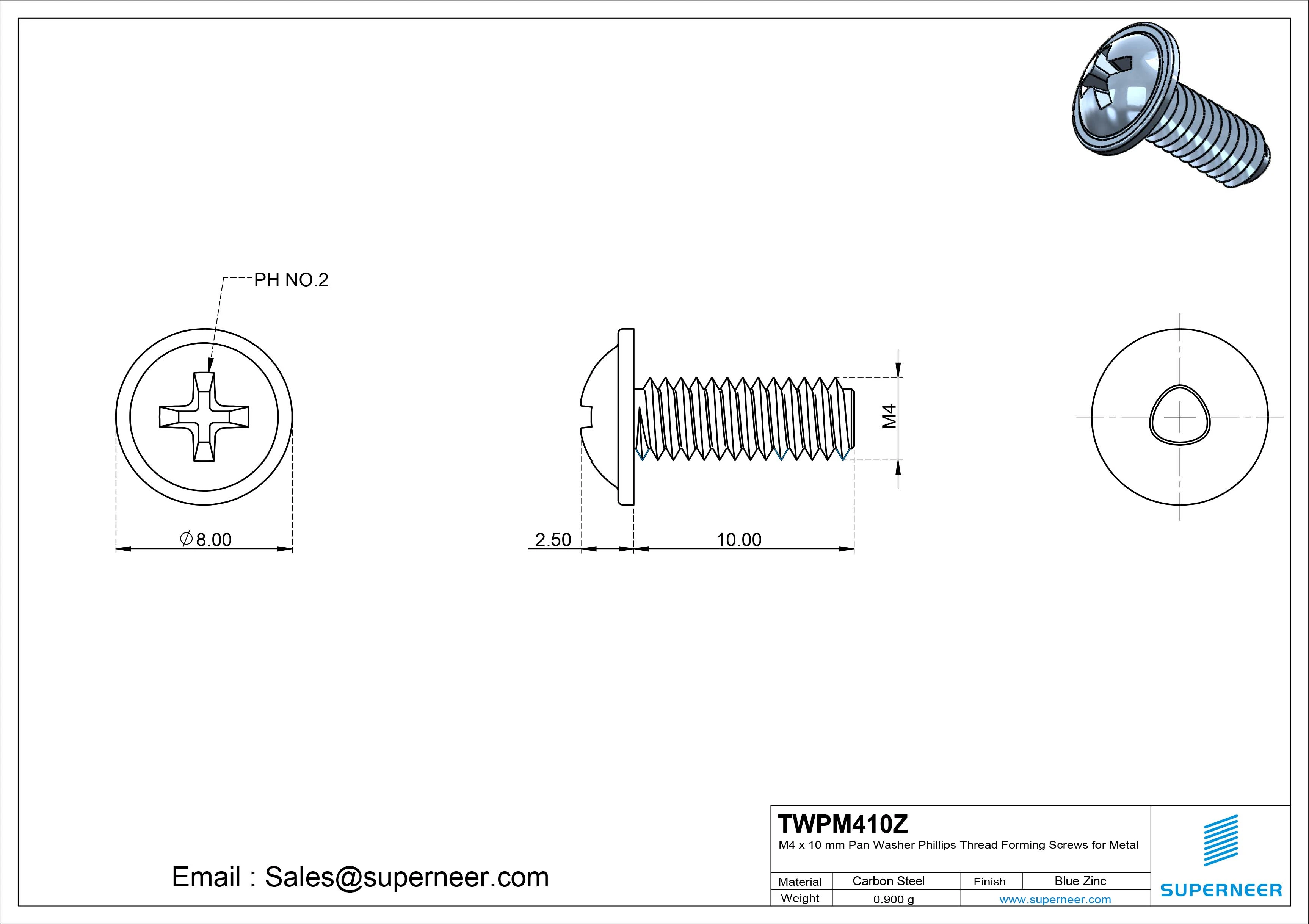 M4 × 10mm Pan Washer Phillips Thread Forming Screws for Metal Steel Blue Zinc Plated