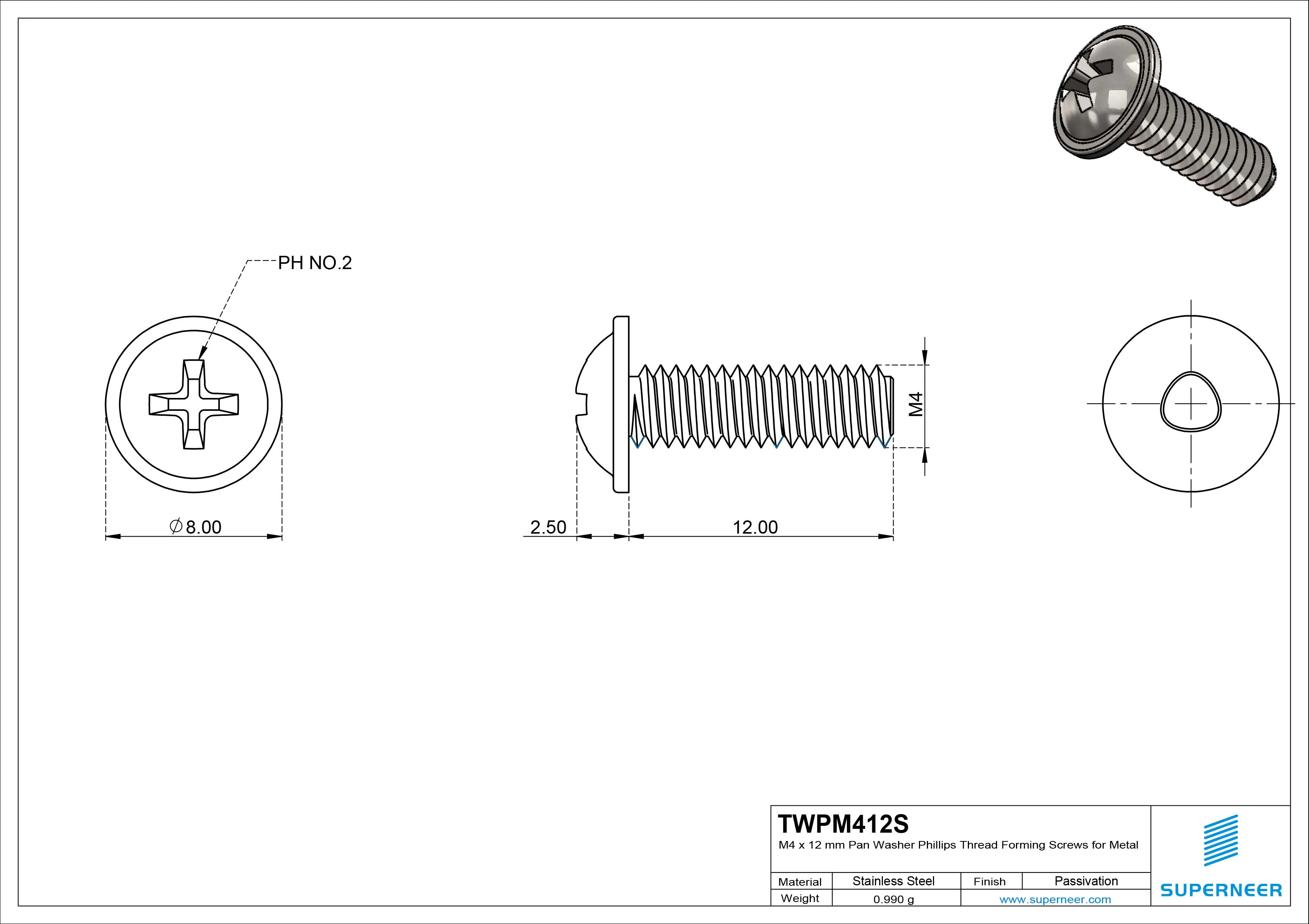 M4 × 12mm Pan Washer Phillips Thread Forming Screws for Metal SUS304 Stainless Steel Inox