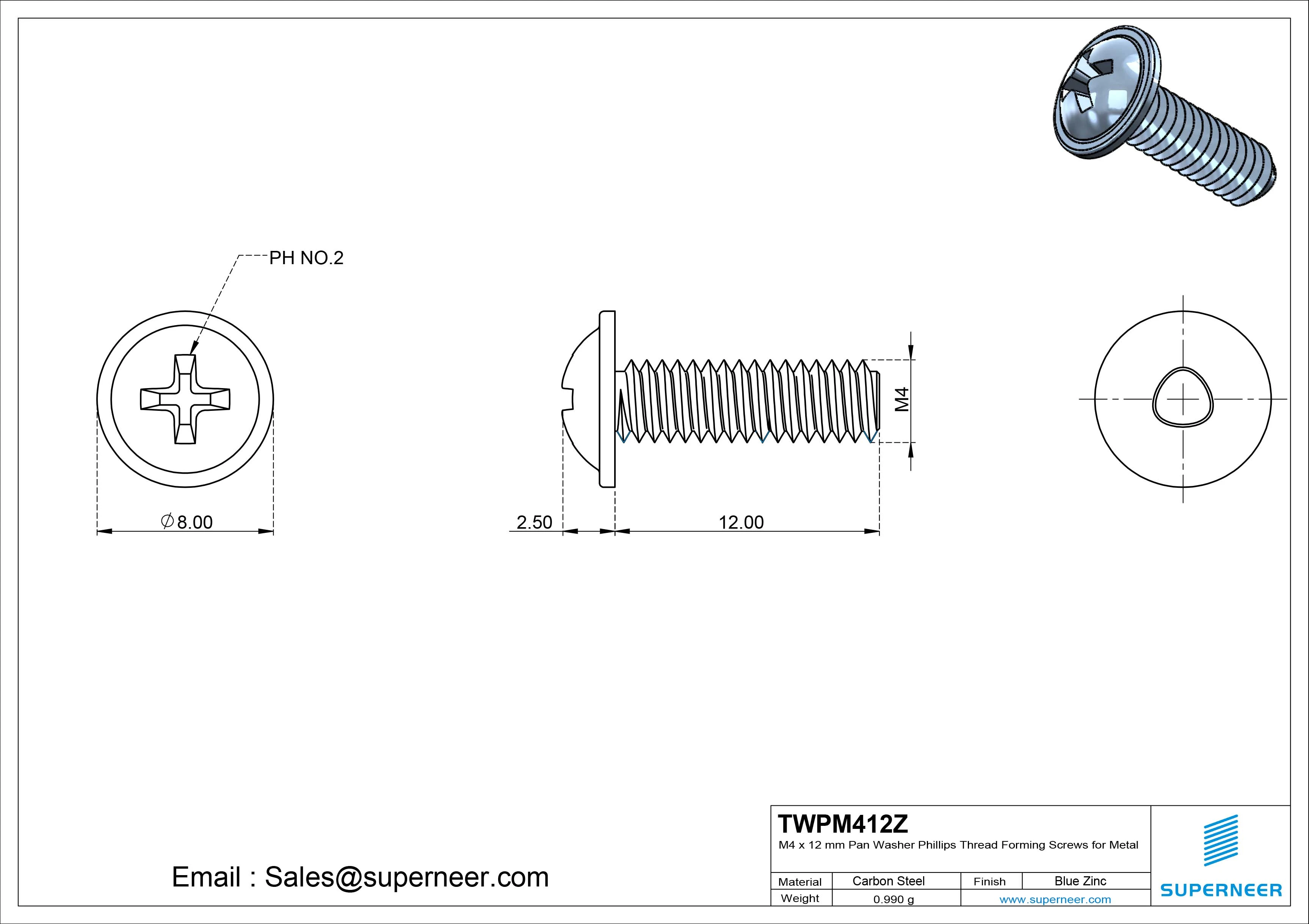 M4 × 12mm Pan Washer Phillips Thread Forming Screws for Metal Steel Blue Zinc Plated