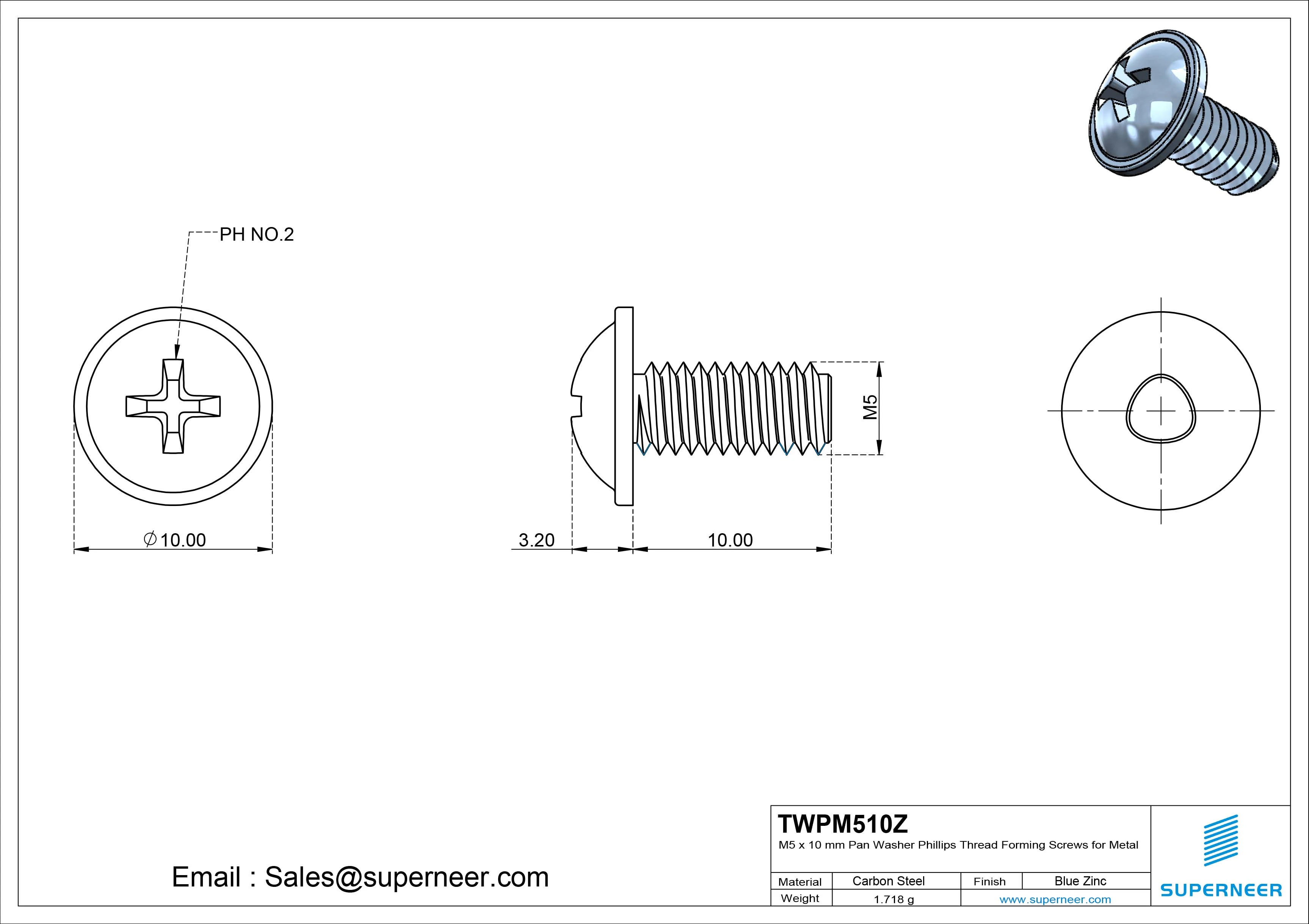 M5 × 10mm Pan Washer Phillips Thread Forming Screws for Metal Steel Blue Zinc Plated