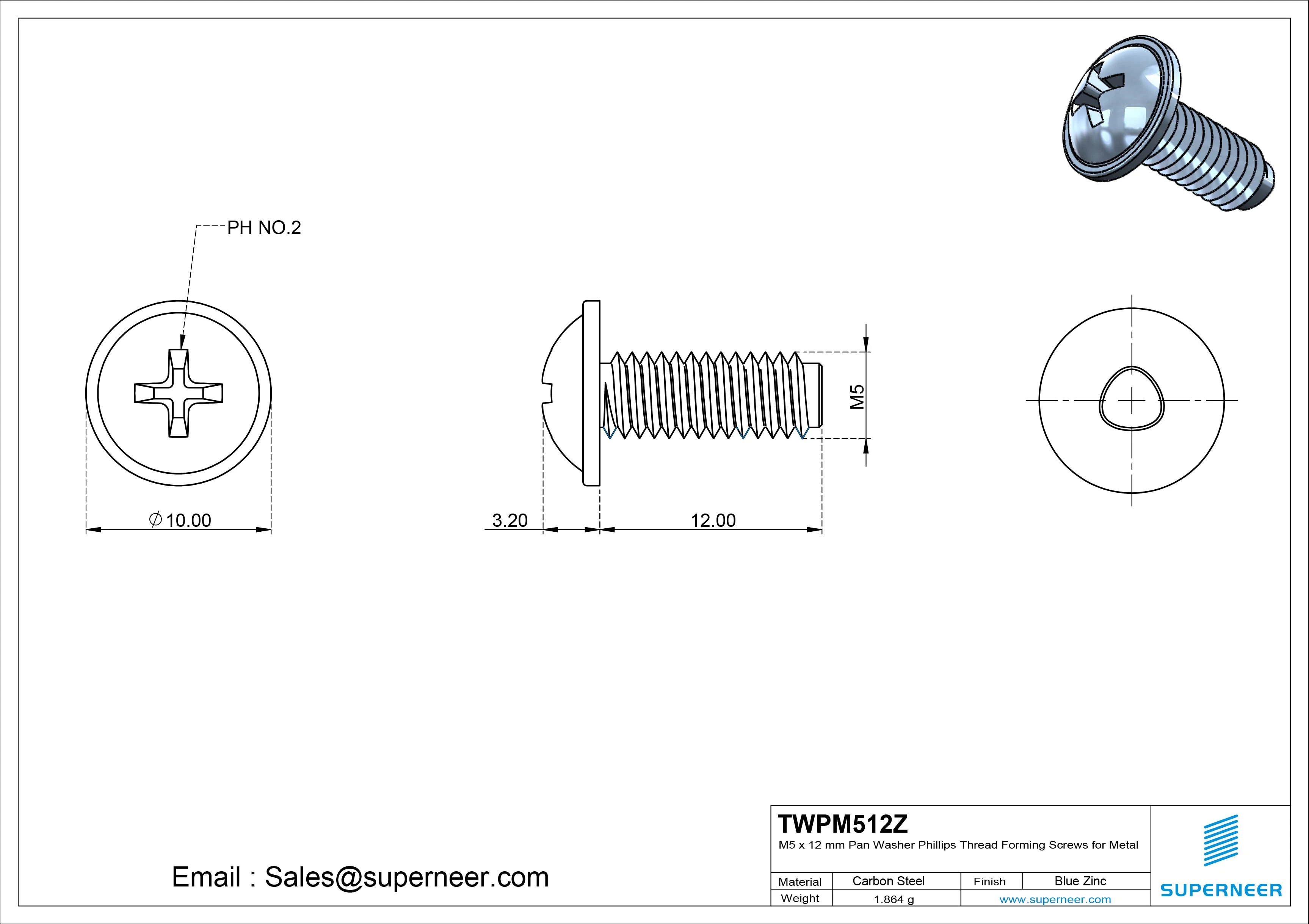 M5 × 12mm Pan Washer Phillips Thread Forming Screws for Metal Steel Blue Zinc Plated