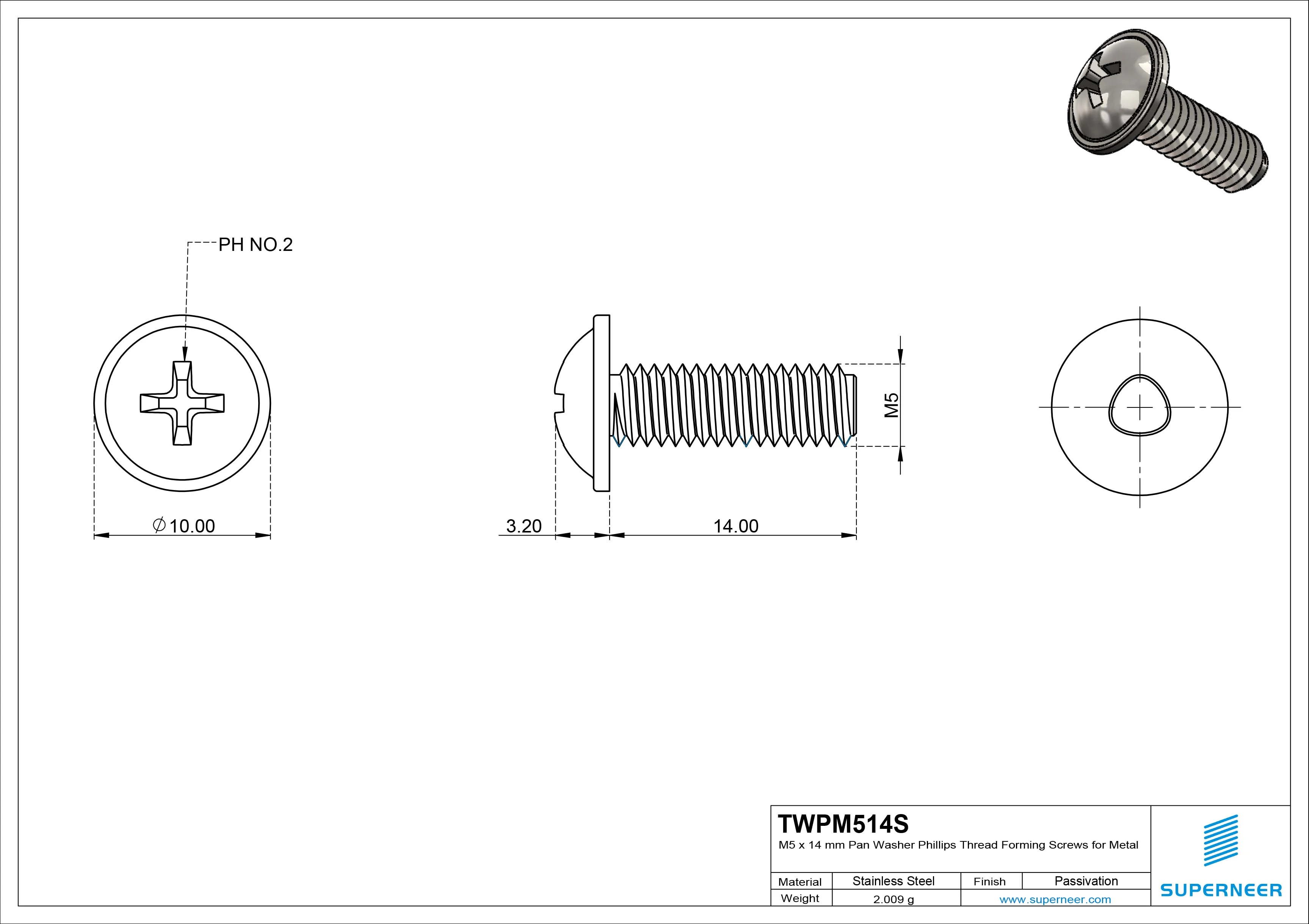 M5 × 14mm Pan Washer Phillips Thread Forming Screws for Metal SUS304 Stainless Steel Inox